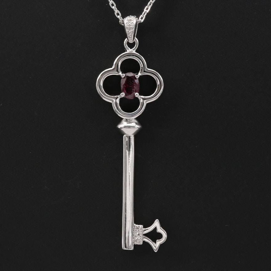 Sterling Silver, Garnet and Diamond Skeleton Key Pendant Necklace