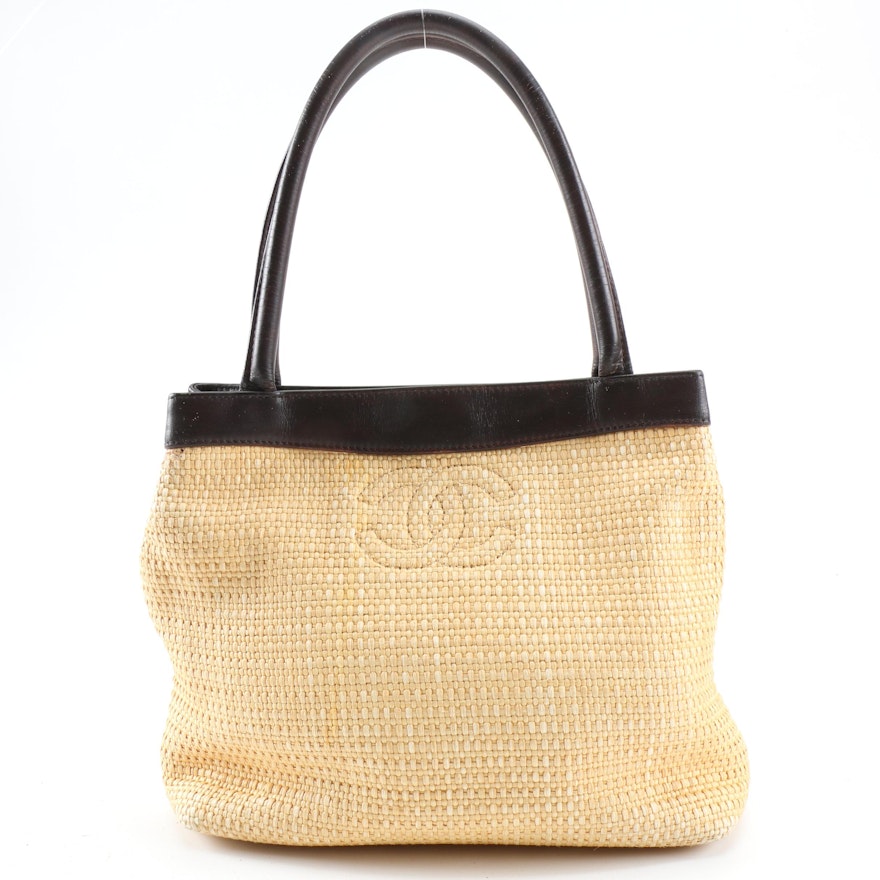 Chanel CC Woven Straw and Dark Brown Leather Tote