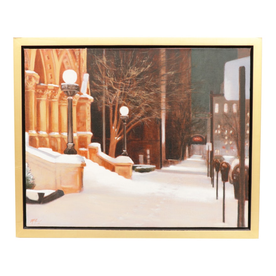 Michael McGinn Oil Painting of Winter City Scene