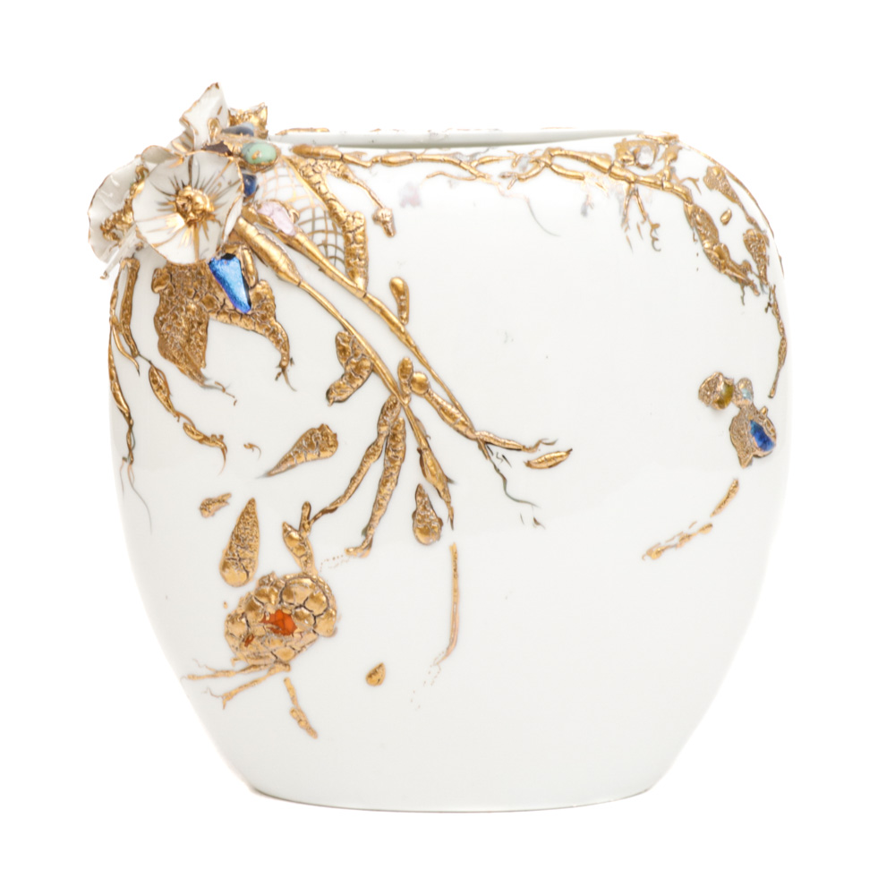 Louise Gardiner Hand-Painted Gilt and Glass Applique Porcelain Vase