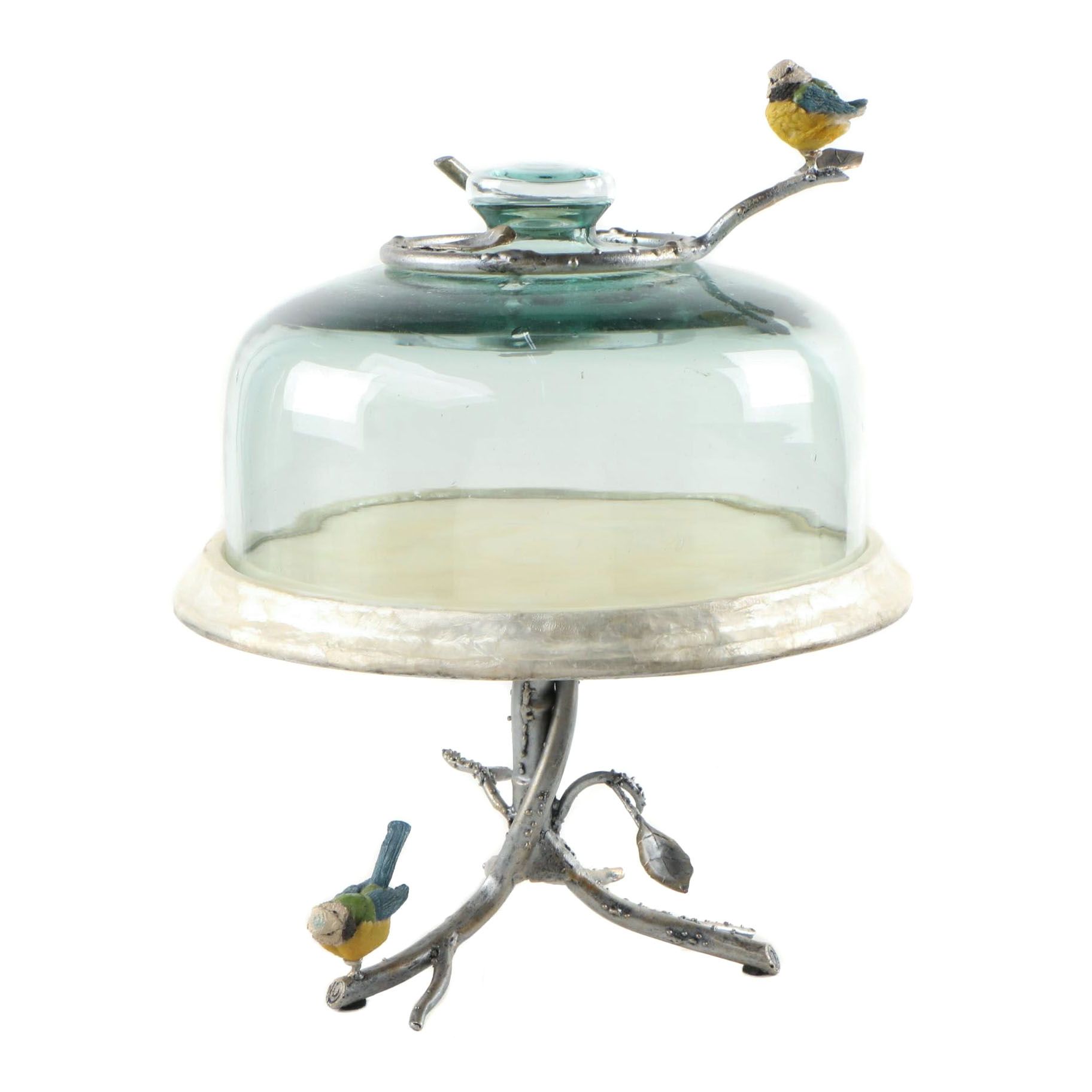 Naturalistic Metal and Capiz Shell Cake Stand with Cloche