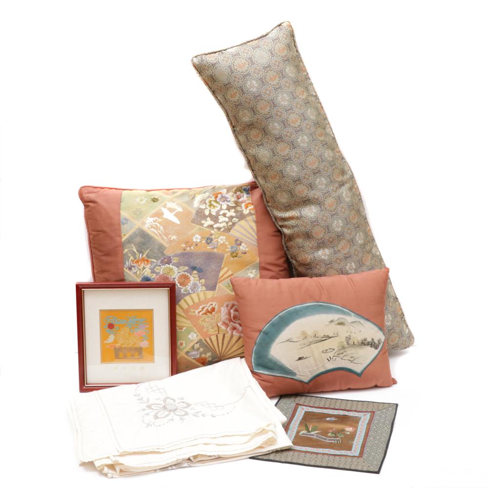 Chinese Drapes, Table Linens, and Decorative Textiles Including Silk, Vintage