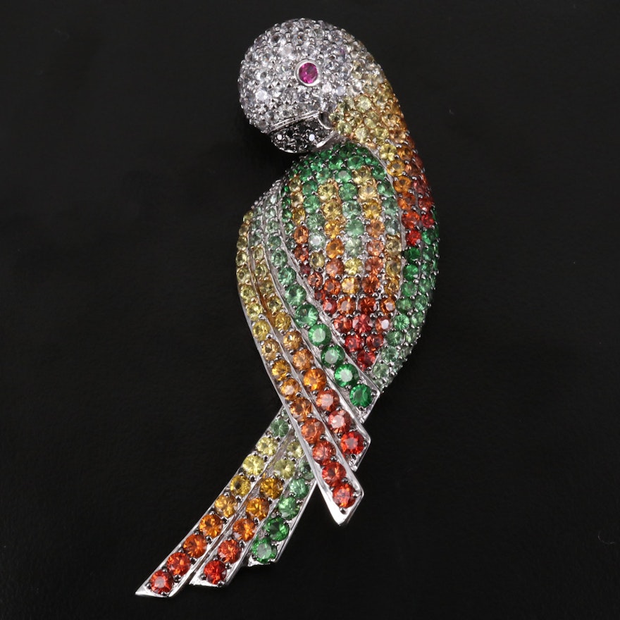 18K White Gold Pavé Diamond, Ruby and Sapphire Parrot Converter Brooch