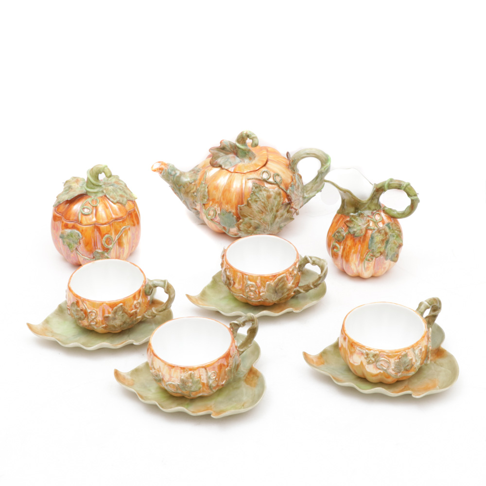 Hand-Painted Porcelain Pumpkin Lustreware Tea Set