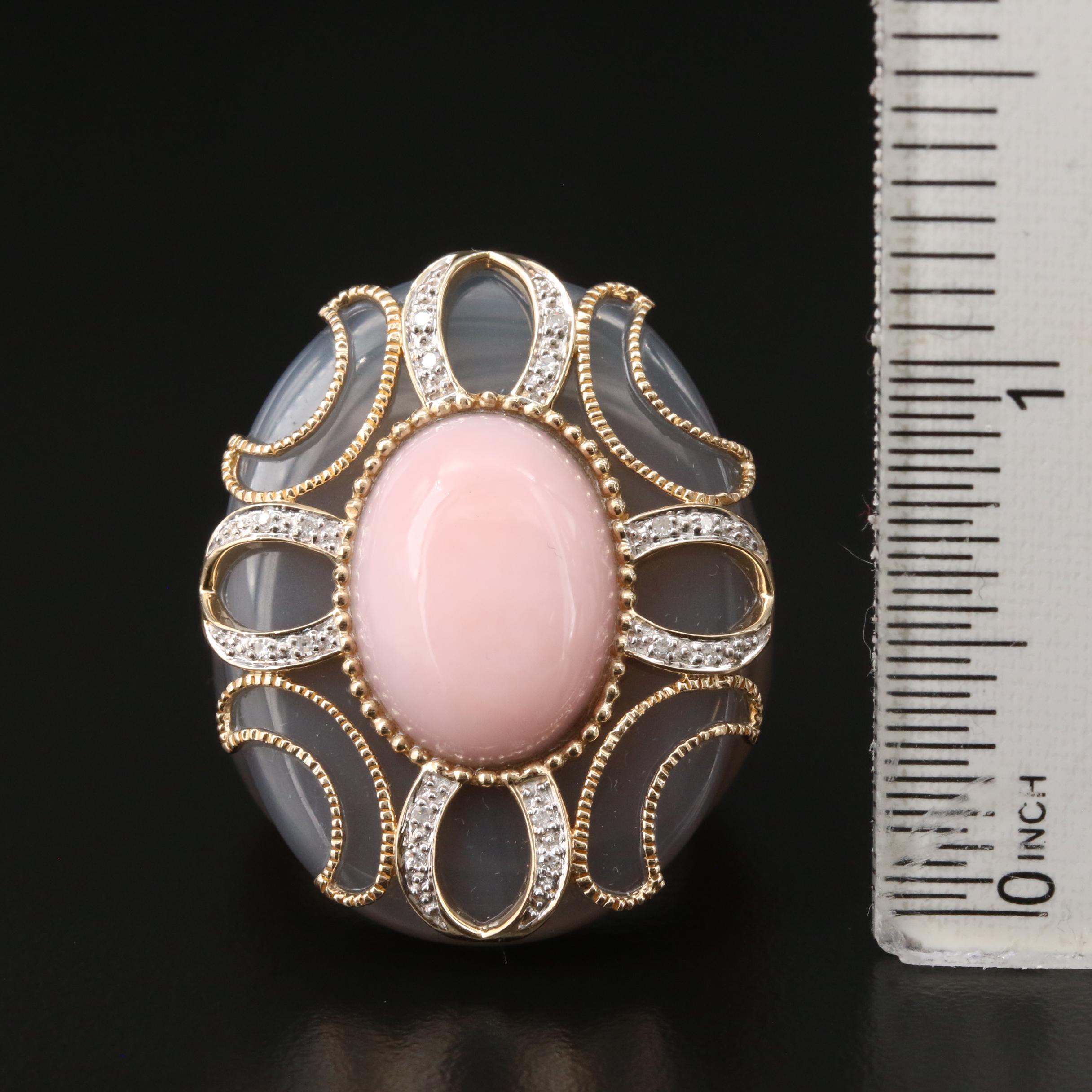 Carved Agate Ring with Pink Opal, Diamond and 14K Yellow Gold Accents