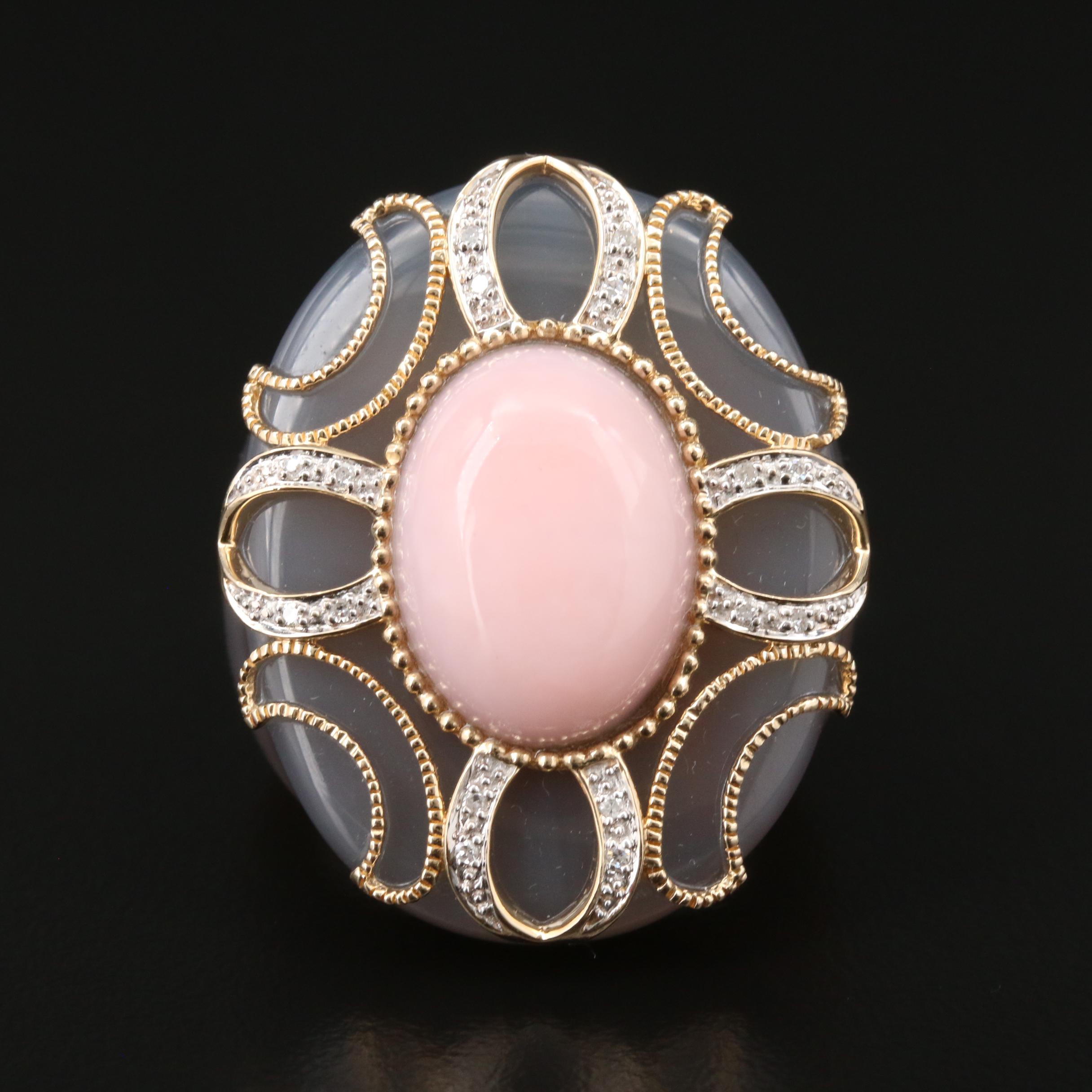 Carved Agate Ring with Pink Opal, Diamond and 14K Yellow Gold Accents