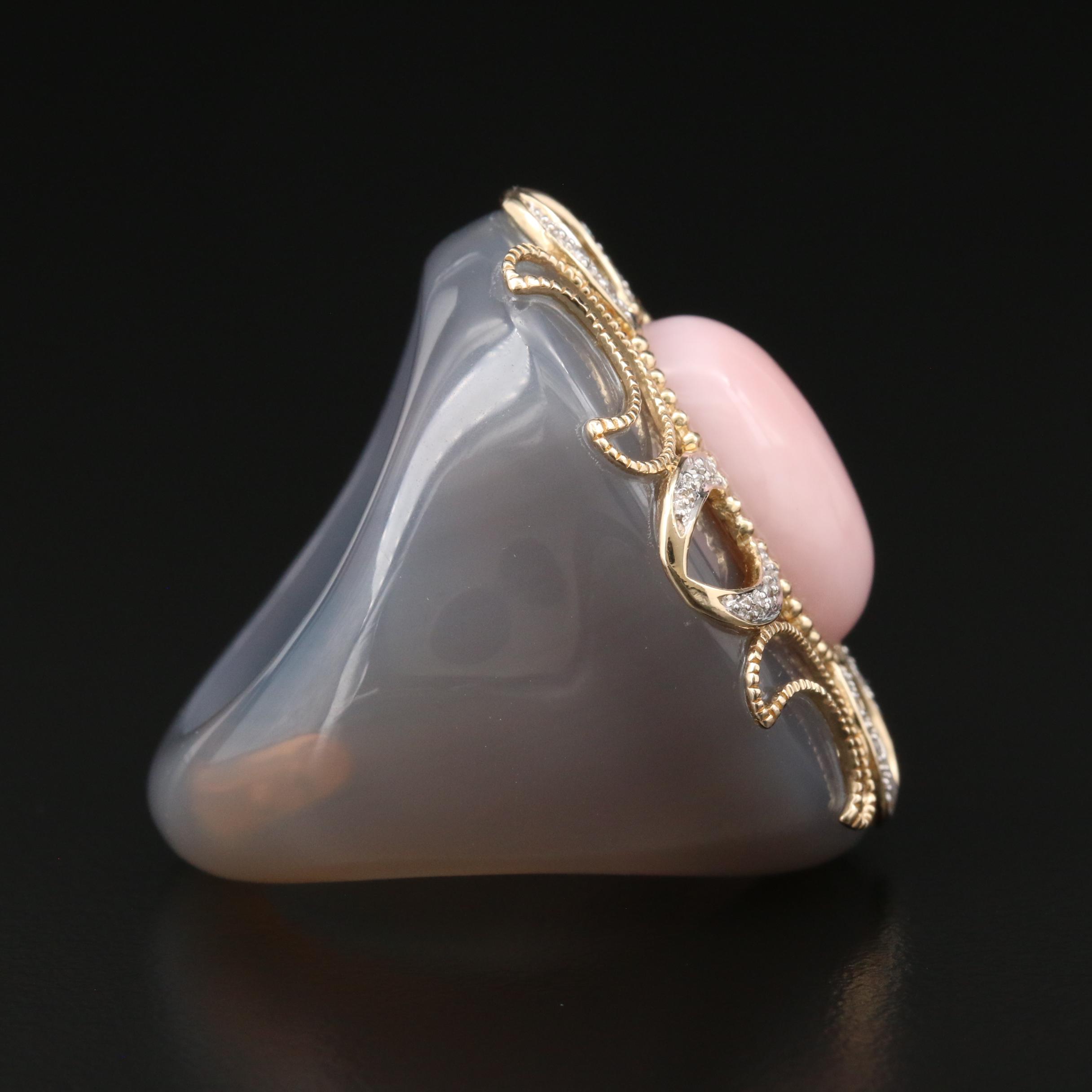 Carved Agate Ring with Pink Opal, Diamond and 14K Yellow Gold Accents