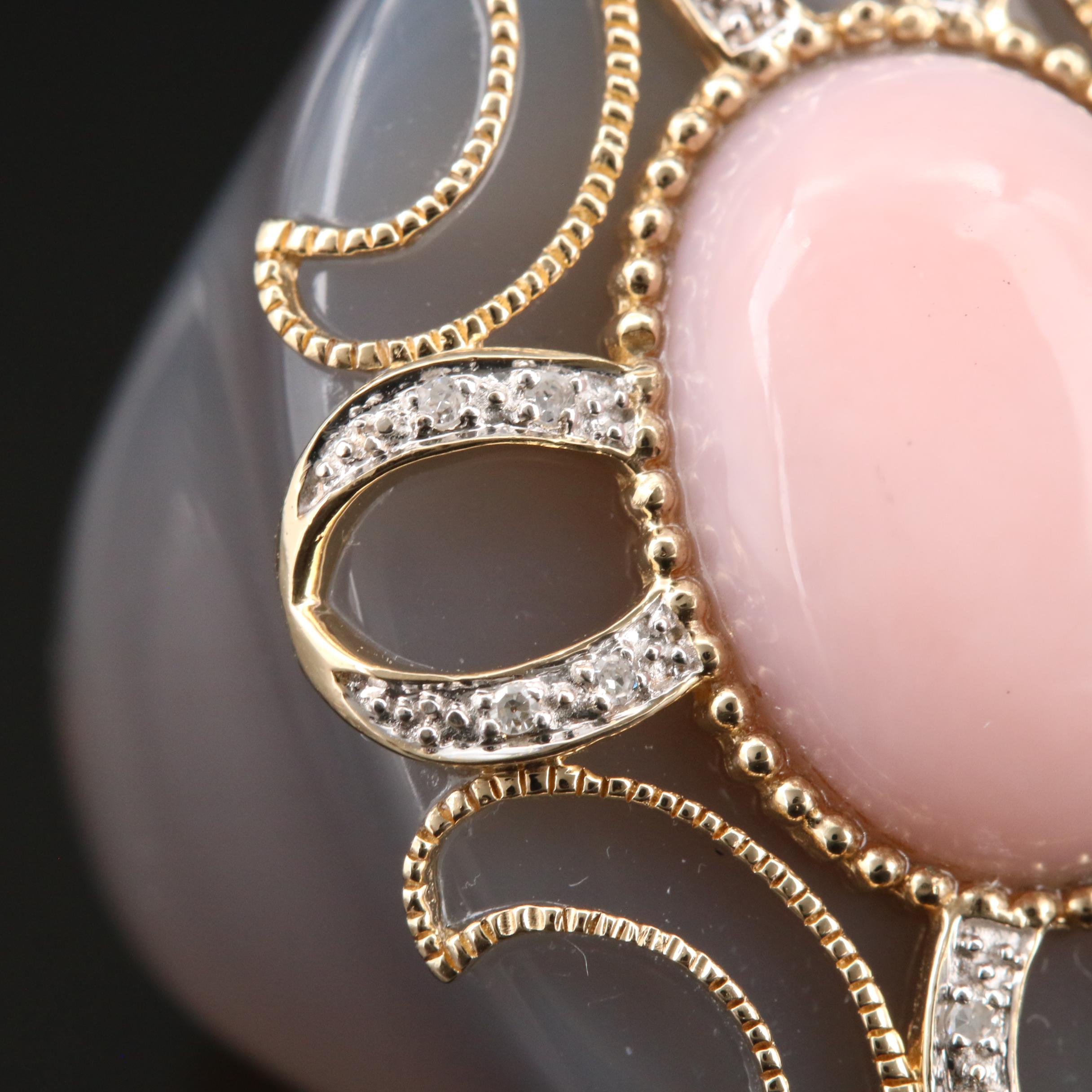 Carved Agate Ring with Pink Opal, Diamond and 14K Yellow Gold Accents