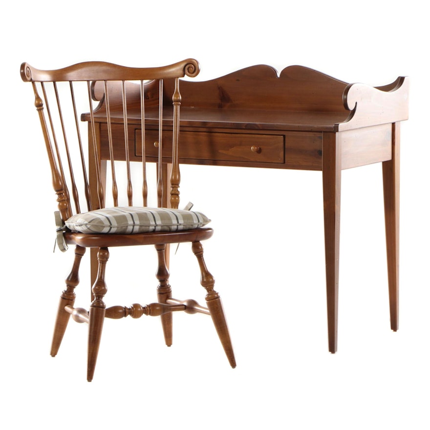 Ethan Allen Colonial Style Pine Desk and Maple Chair, Late 20th Century