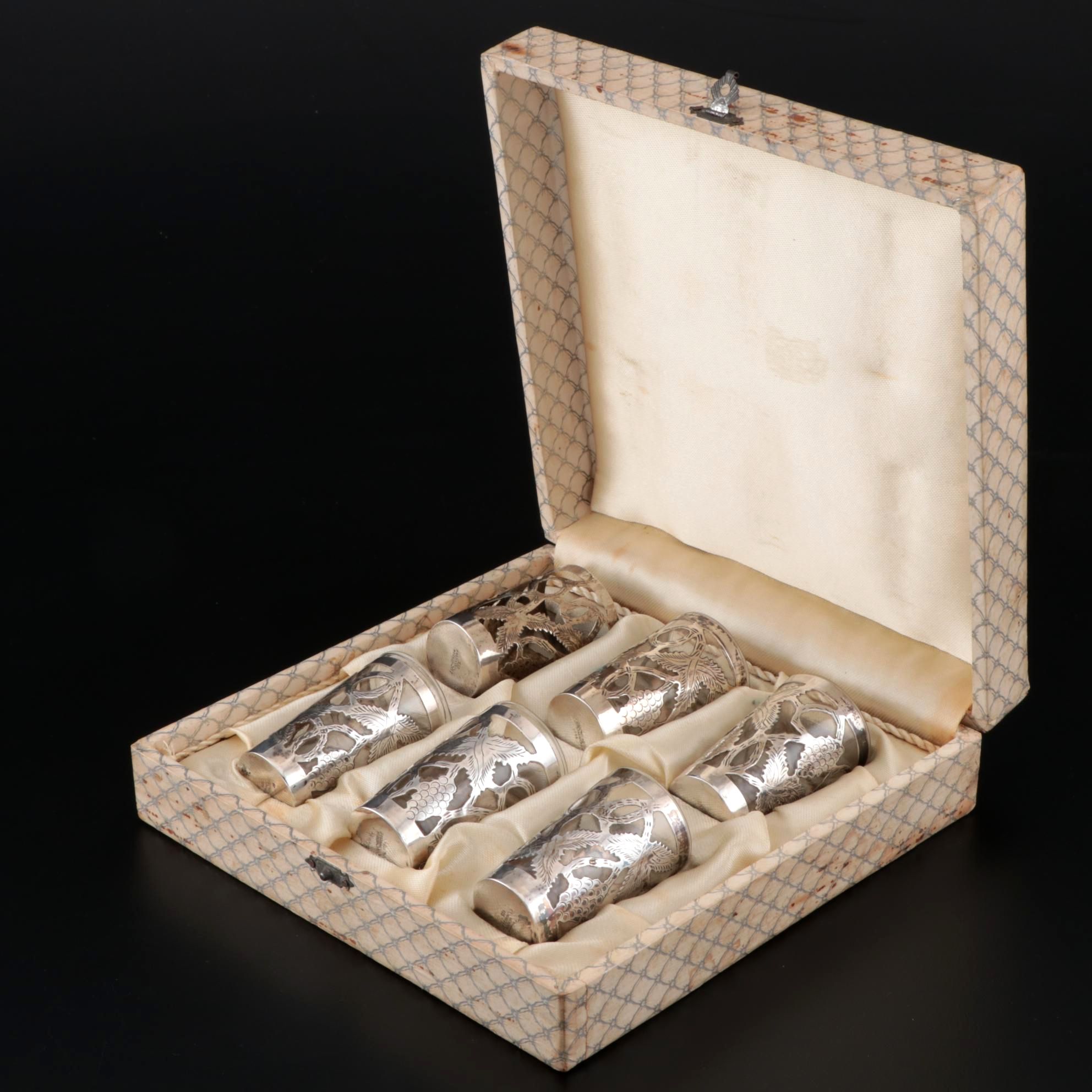 Mexican Glass Shot Glasses with Sterling Silver Overlay, Mid-Century