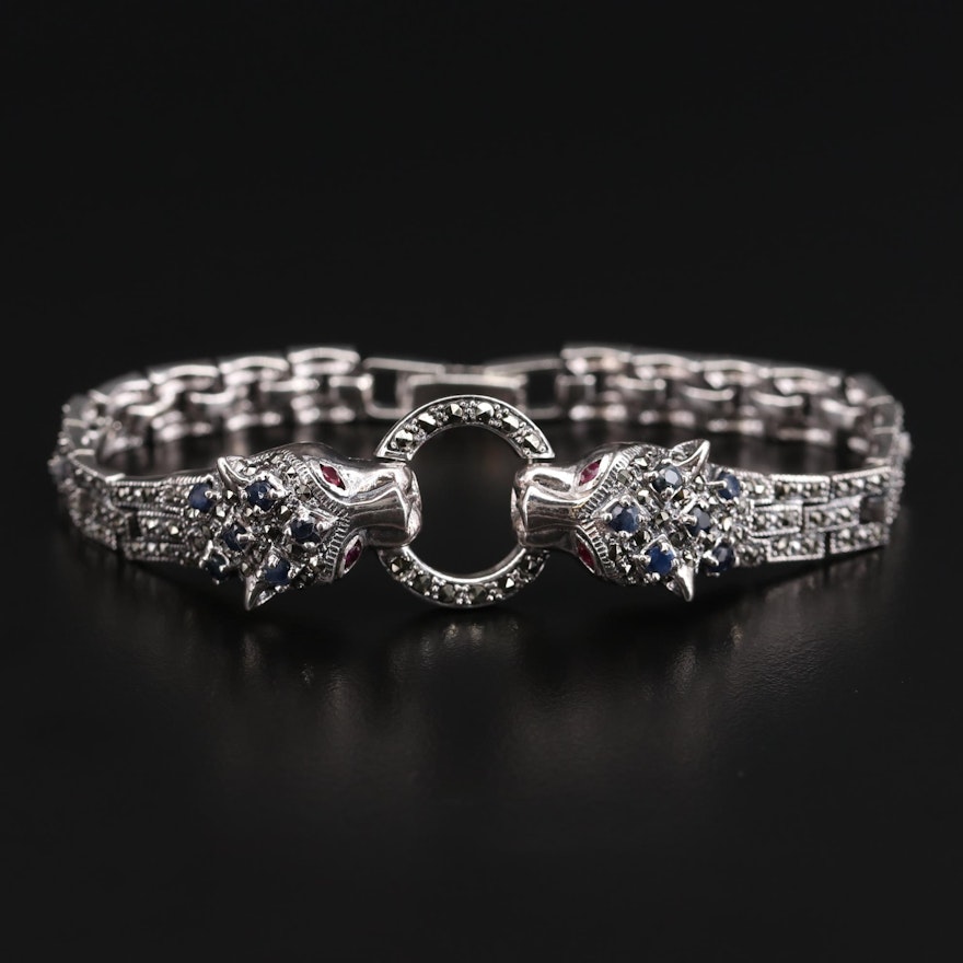 Sterling Silver Ruby, Sapphire and Marcasite Double Panther Head Bracelet