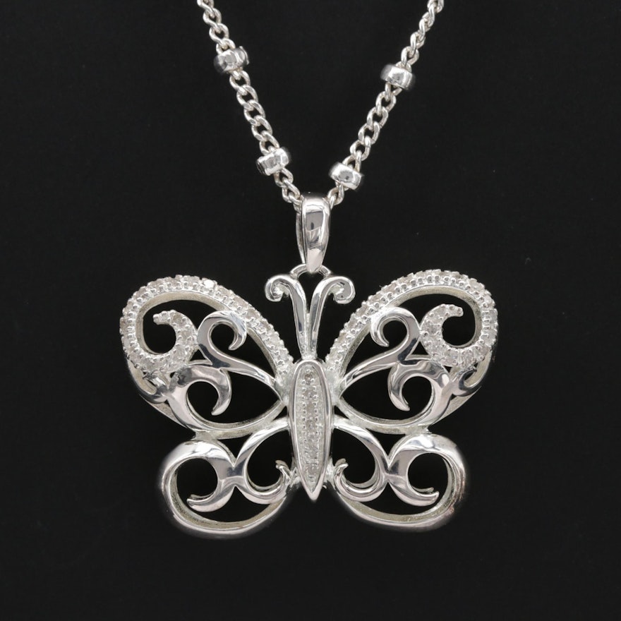 Fine Silver Diamond Butterfly Pendant Necklace