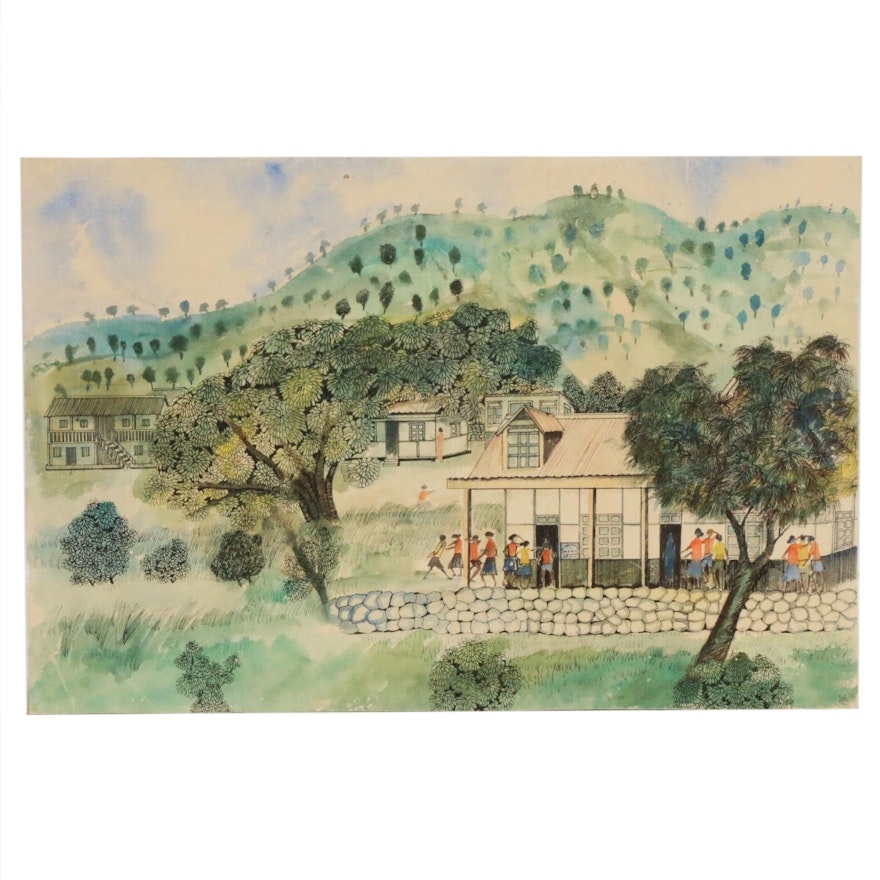 Watercolor and Ink Painting of Village Schoolhouse Scene, 20th Century