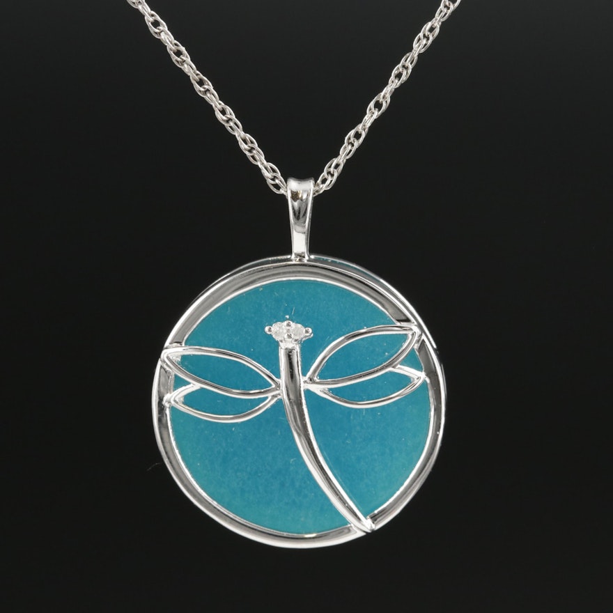 Sterling Silver Quartzite and Diamond Dragonfly Pendant Necklace