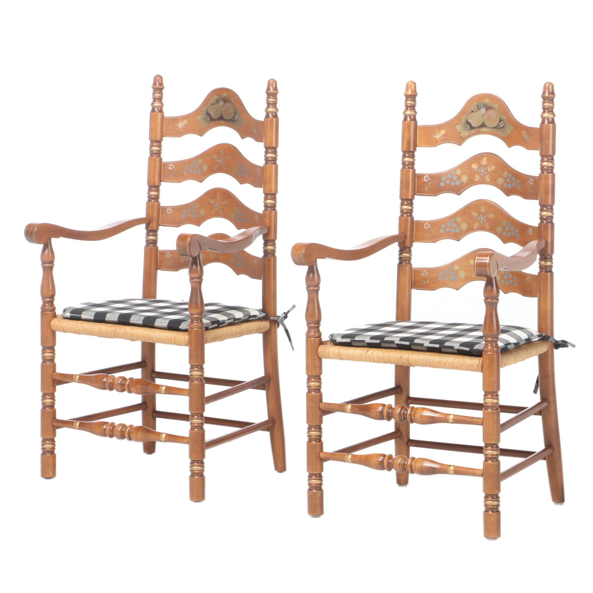Hitchcock Stye Stenciled Rush Seat Arm Chairs with Fitted Seat Cushions