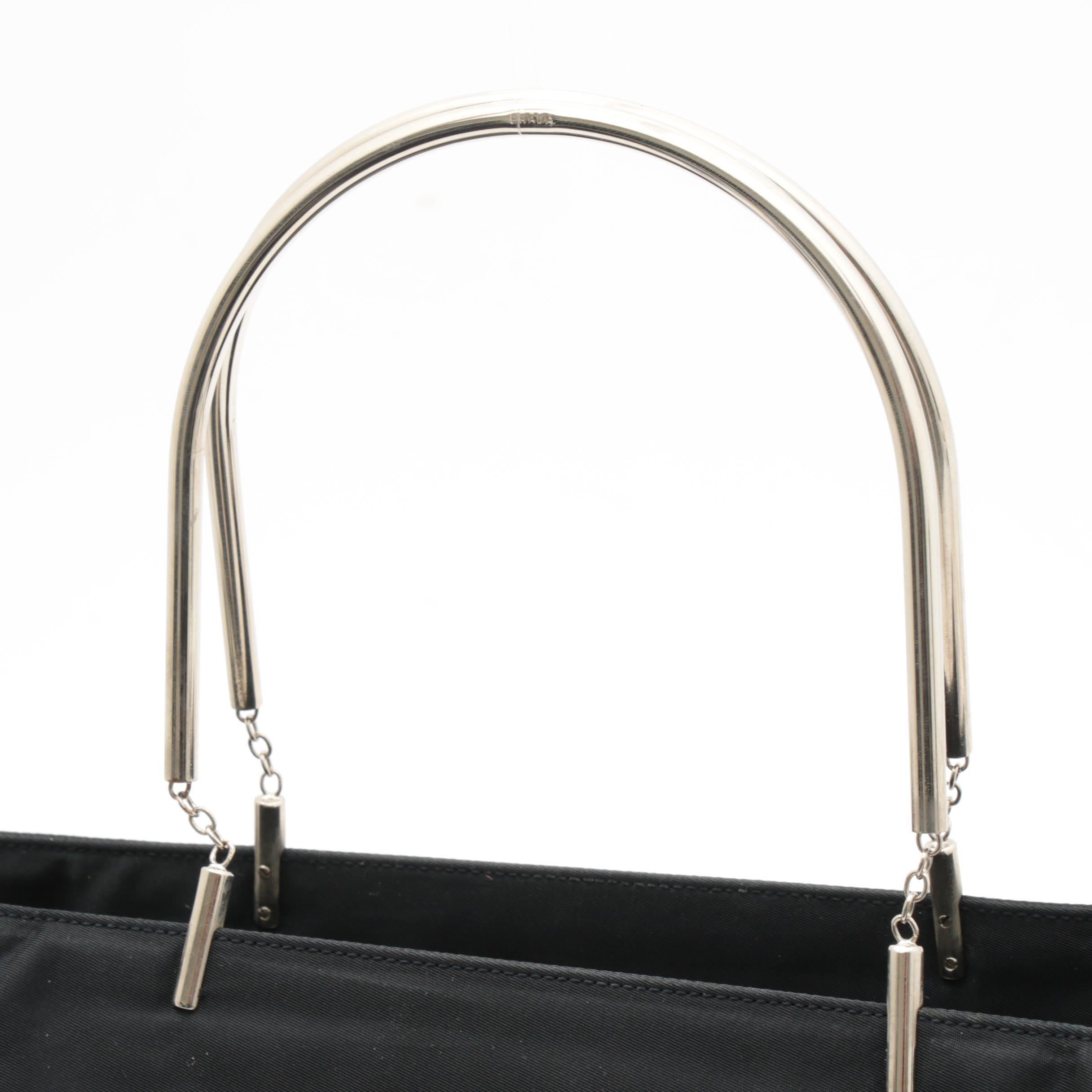 Prada Black Tessuto Nylon Tote with Metal and Chain Link Handles
