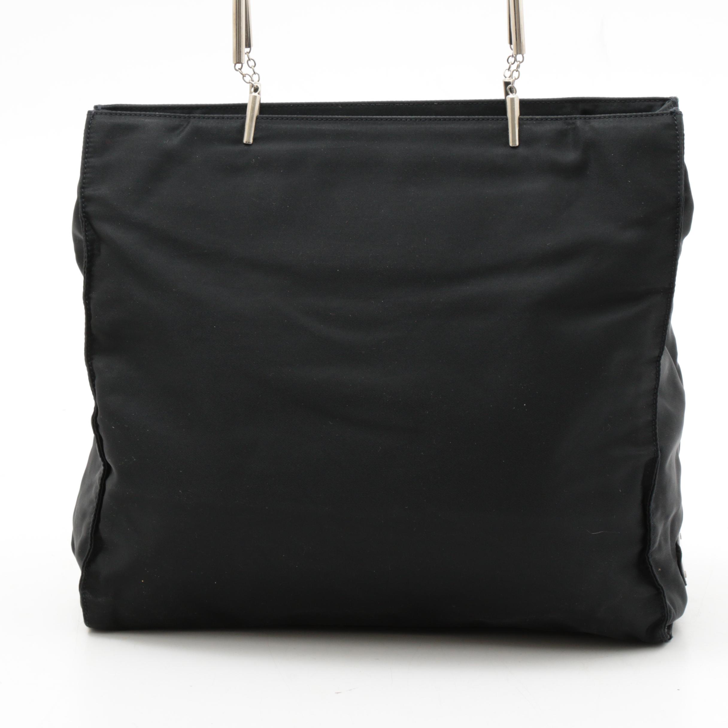 Prada Black Tessuto Nylon Tote with Metal and Chain Link Handles