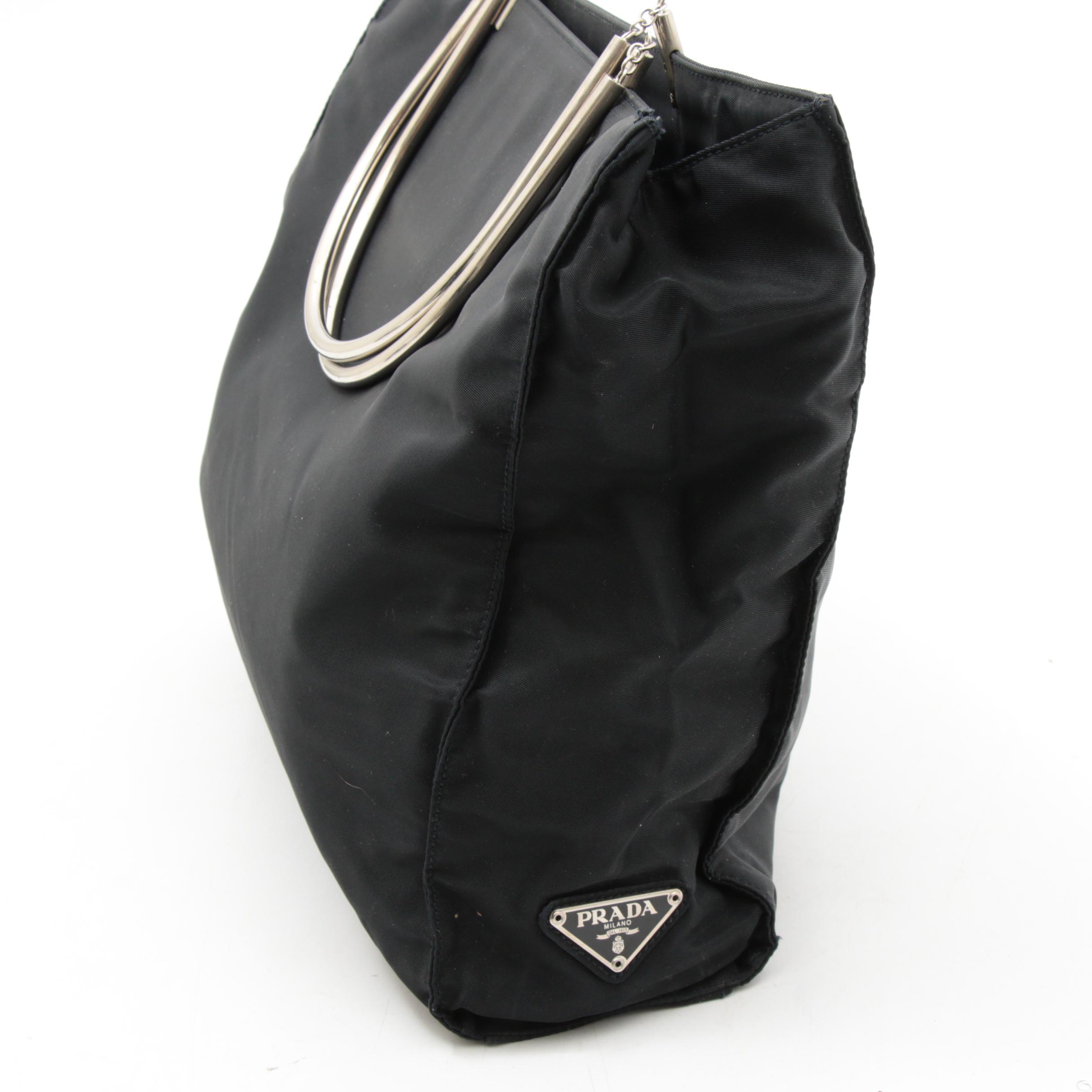 Prada Black Tessuto Nylon Tote with Metal and Chain Link Handles