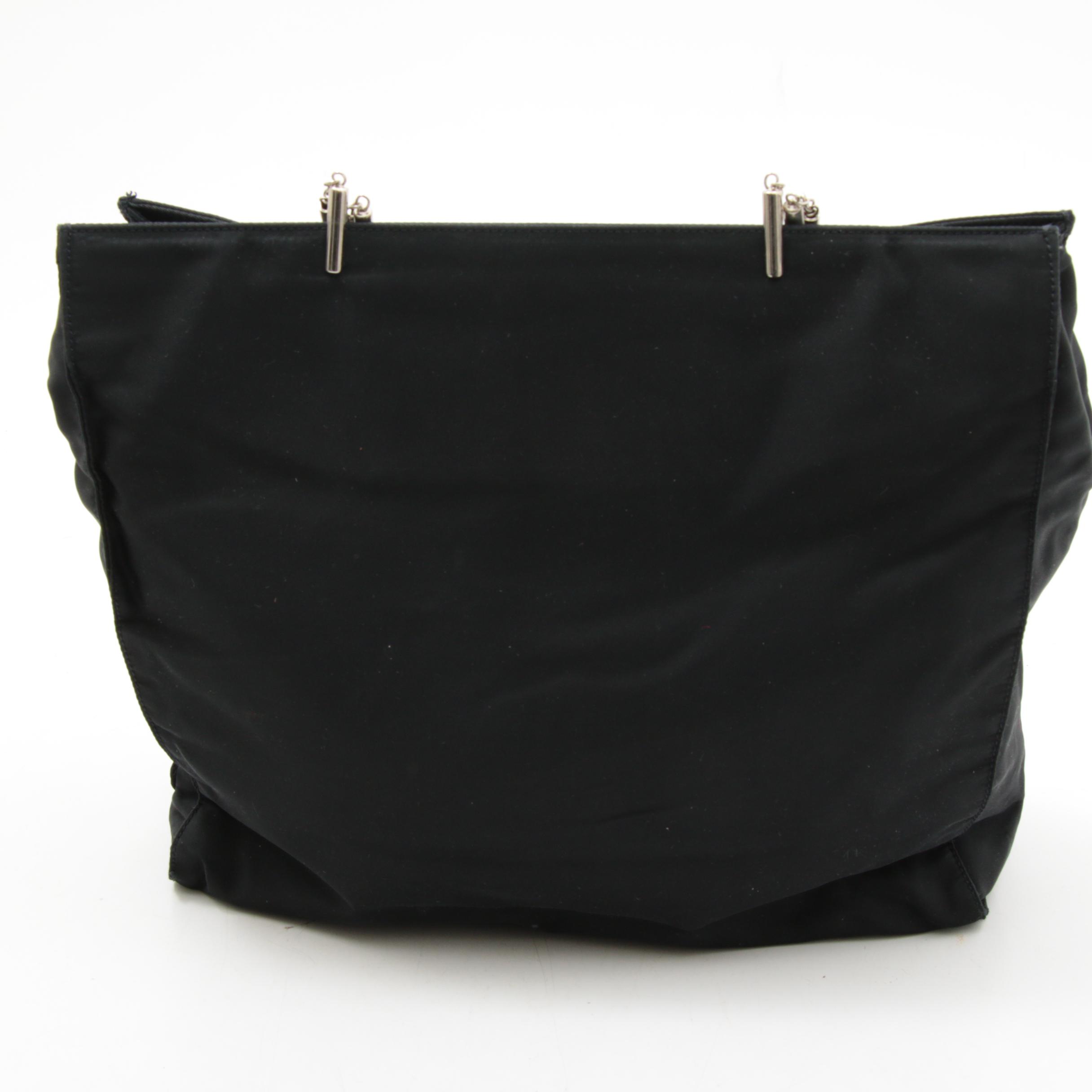 Prada Black Tessuto Nylon Tote with Metal and Chain Link Handles
