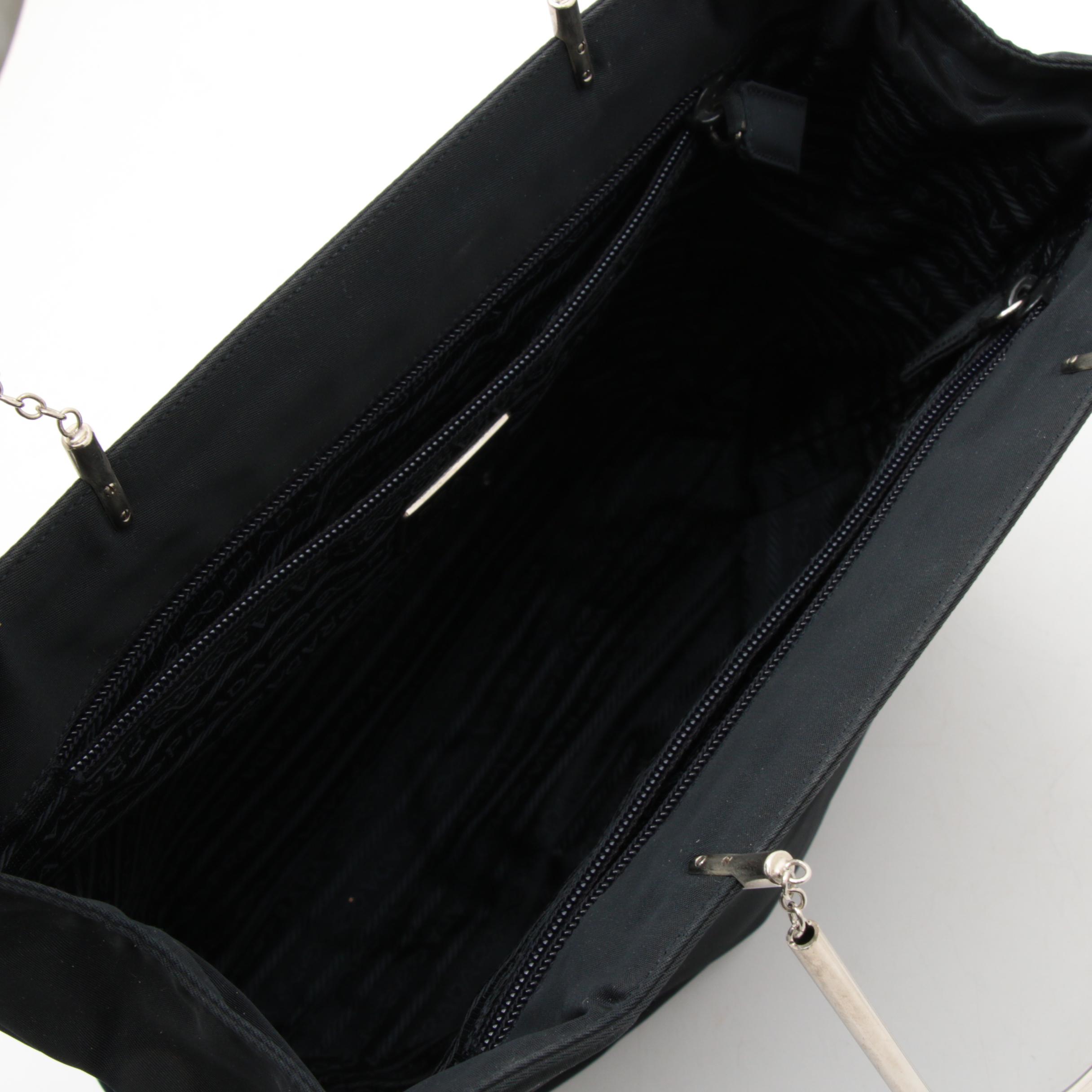 Prada Black Tessuto Nylon Tote with Metal and Chain Link Handles