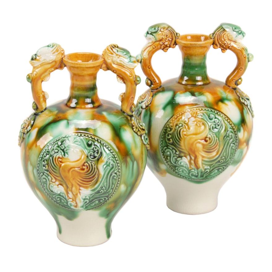 Chinese Ceramic Vases with Phoenix Motif and Dragon Handles