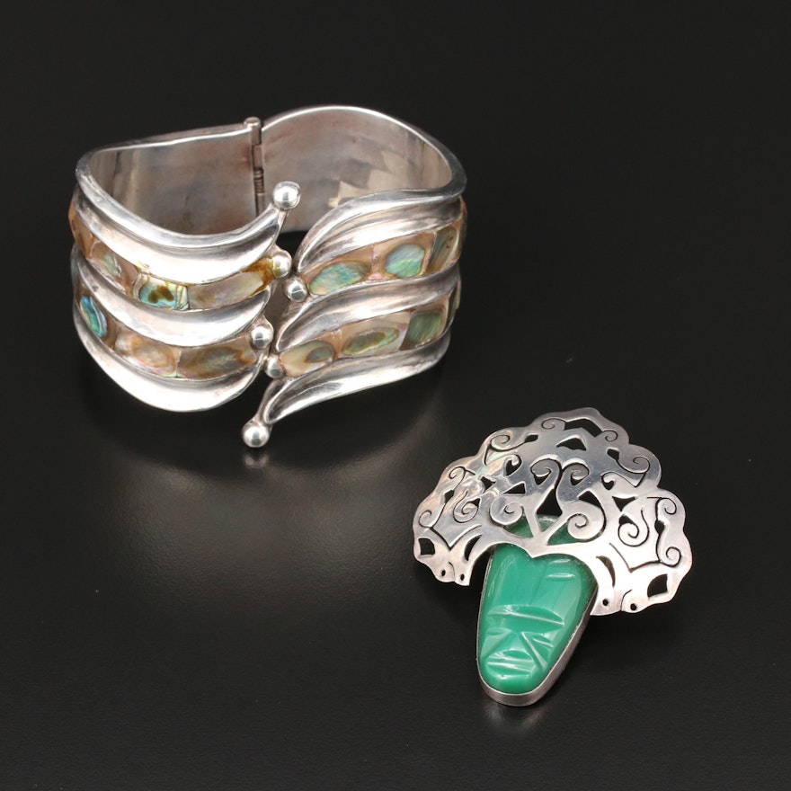 Taxco Mexico Sterling Silver Hinged Abalone Bracelet and Green Glass Brooch