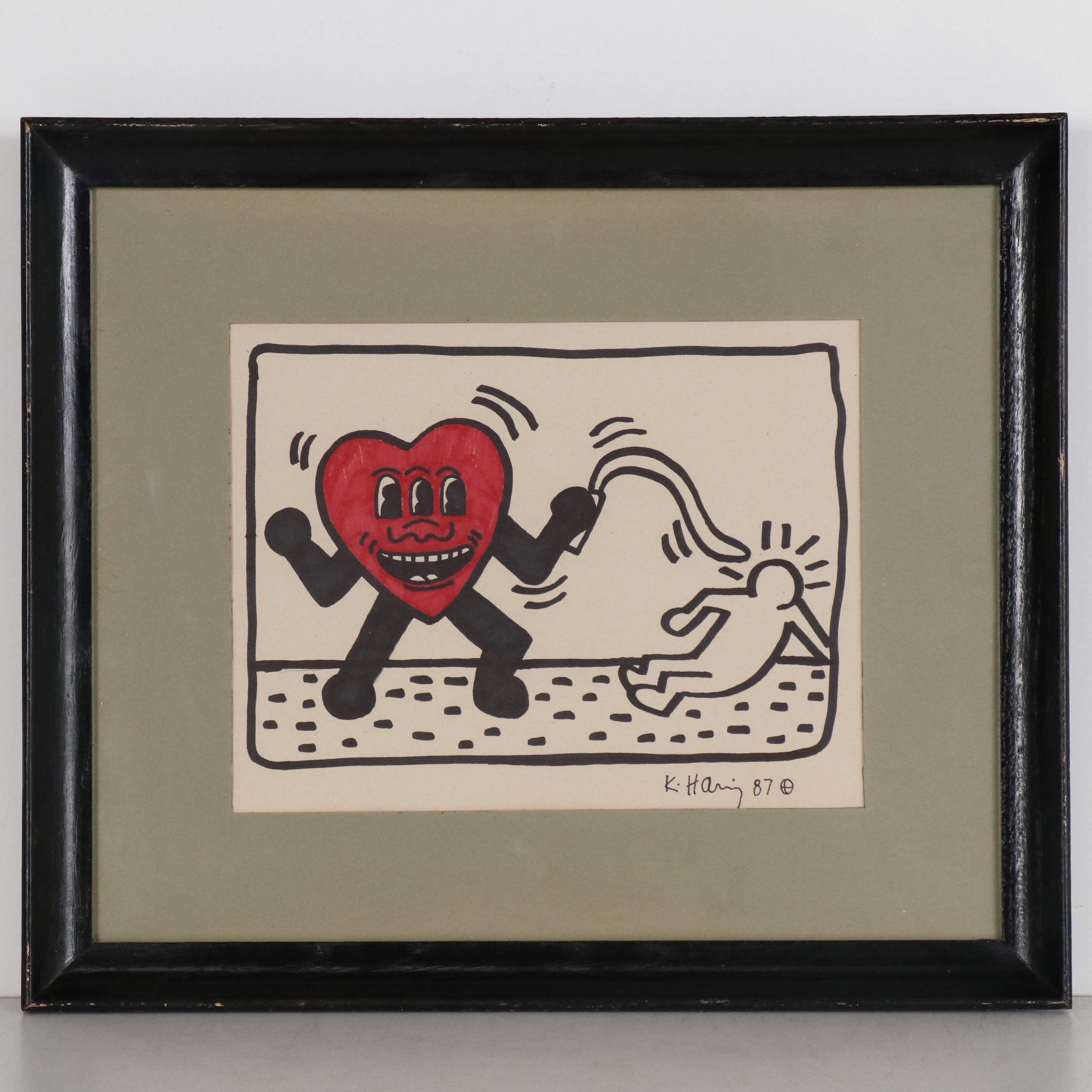 Keith Haring Pop Art Marker Drawing of Anthropomorphic Heart
