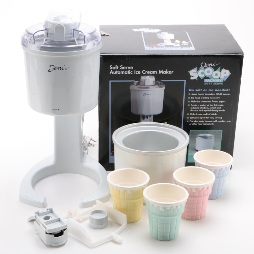 Deni Scoop Factory Ice Cream Maker with Speedee Freeze Canister and Ceramic Cups