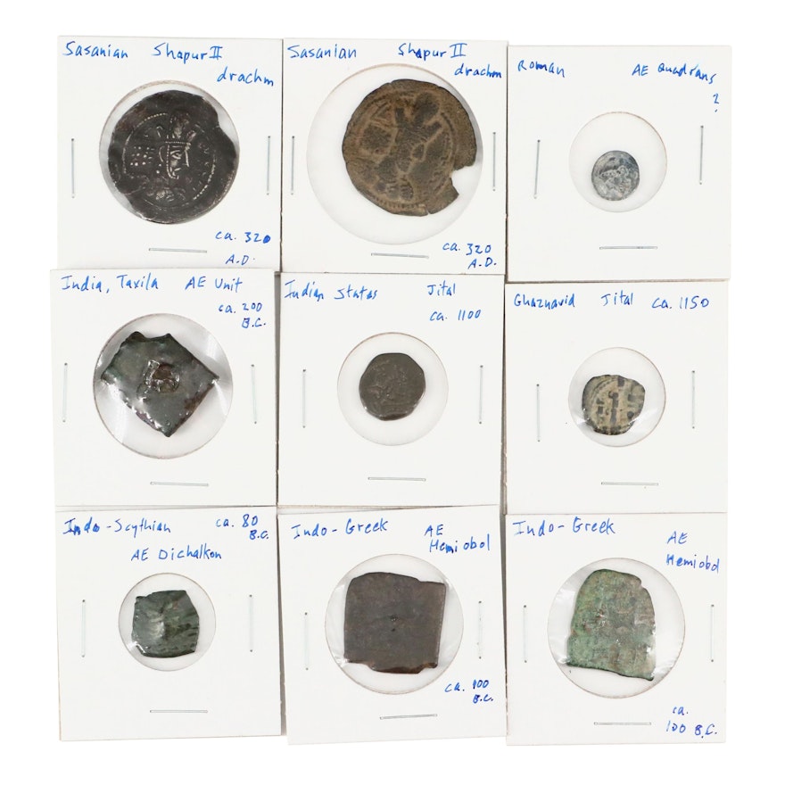 Nine Ancient Coins, Including Sasanian, Indian, Indo-Greek and More