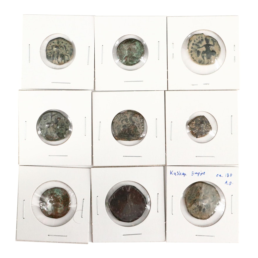 Nine Ancient Kushan Empire Bronze Coins, ca. 100 to 375 A.D.