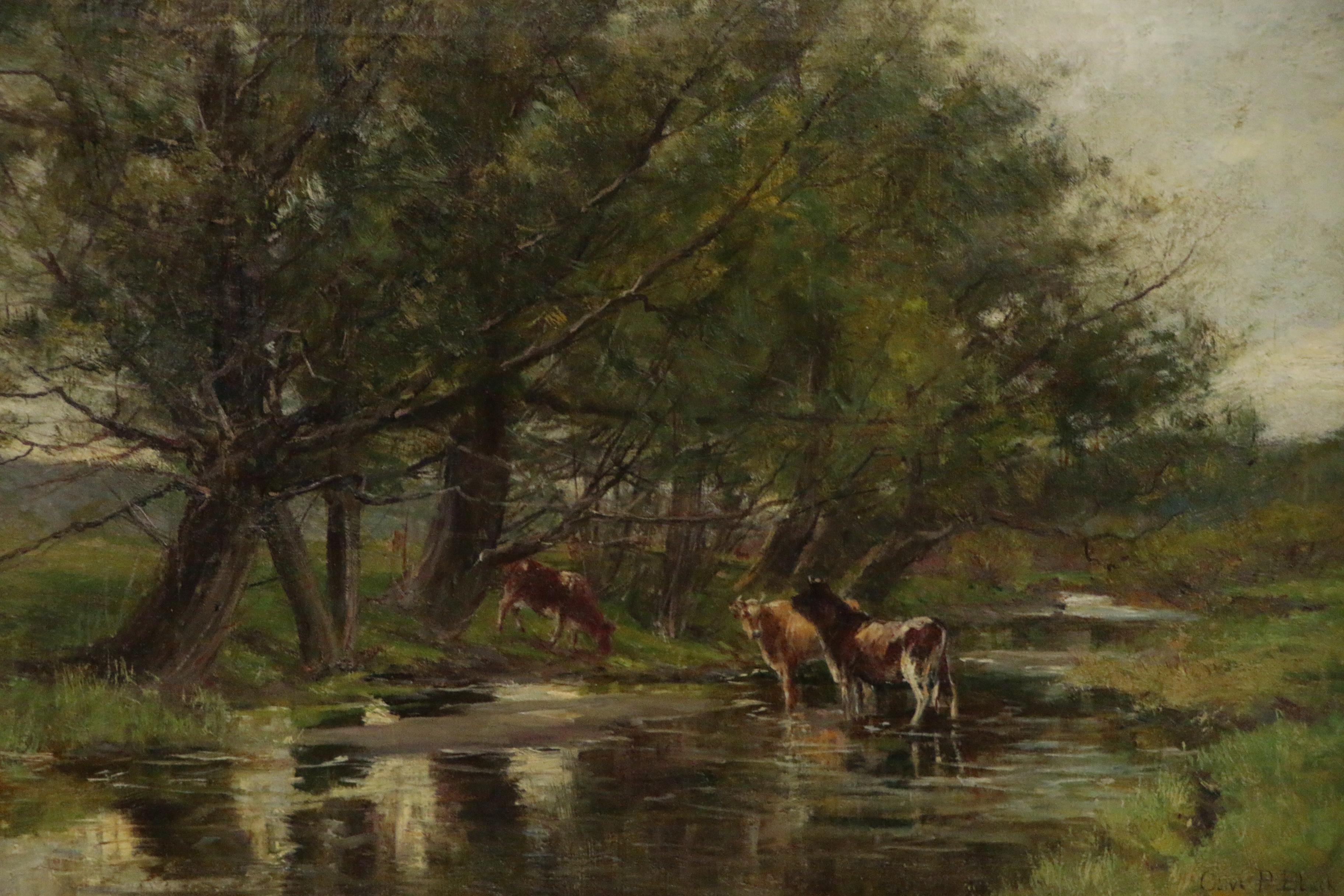 Olive P. Black Oil Painting of Pastoral Landscape with Cows in Stream