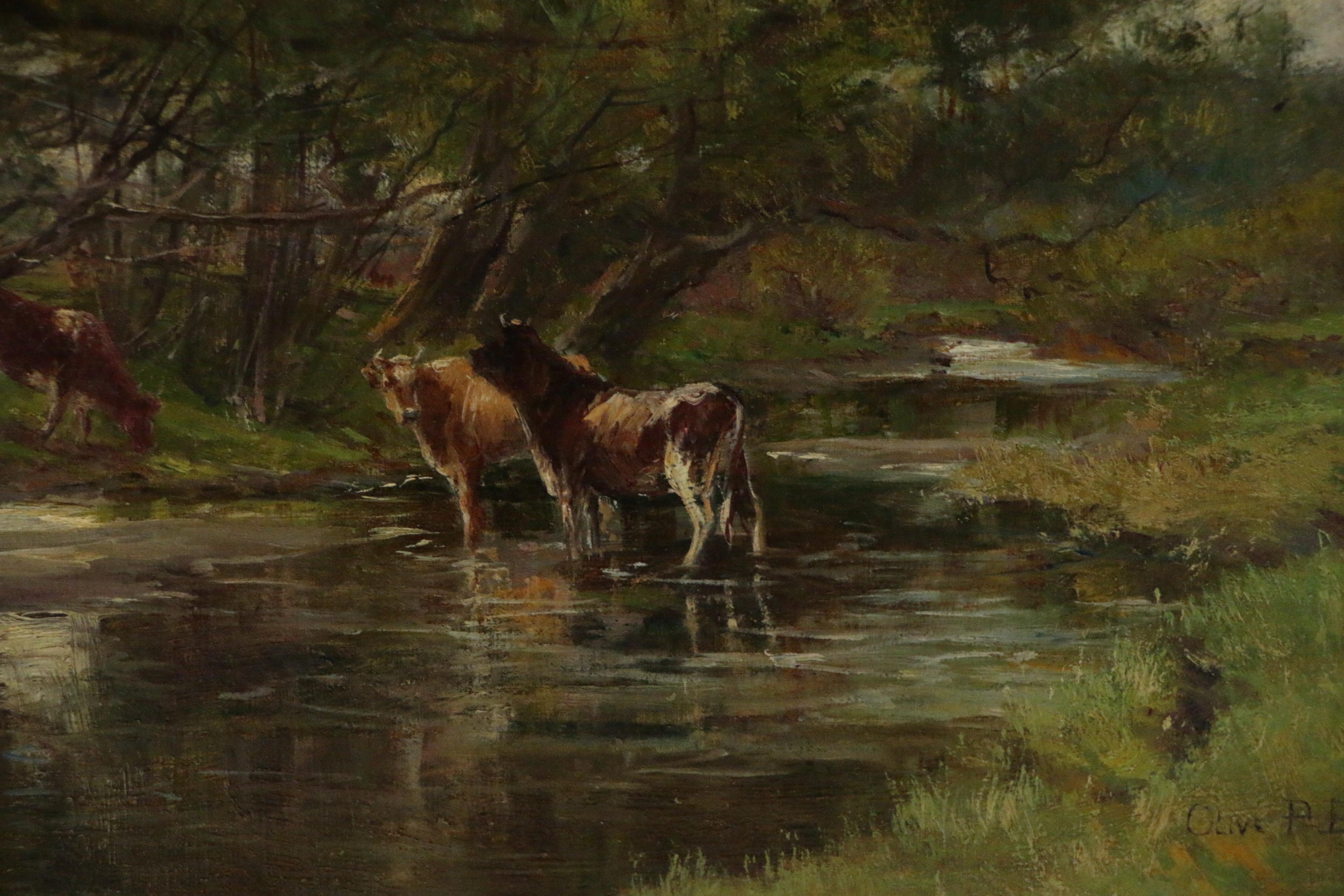 Olive P. Black Oil Painting of Pastoral Landscape with Cows in Stream