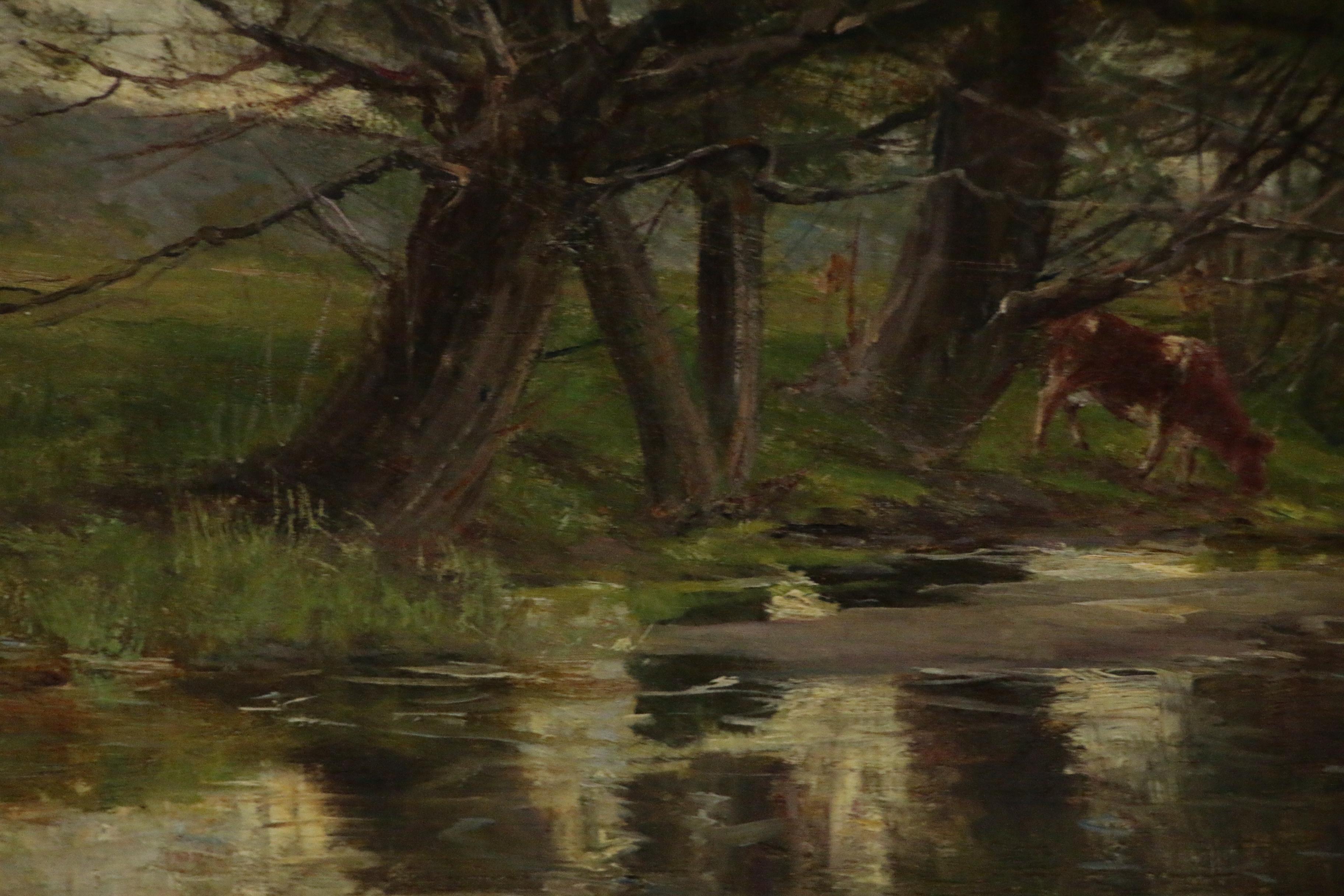 Olive P. Black Oil Painting of Pastoral Landscape with Cows in Stream