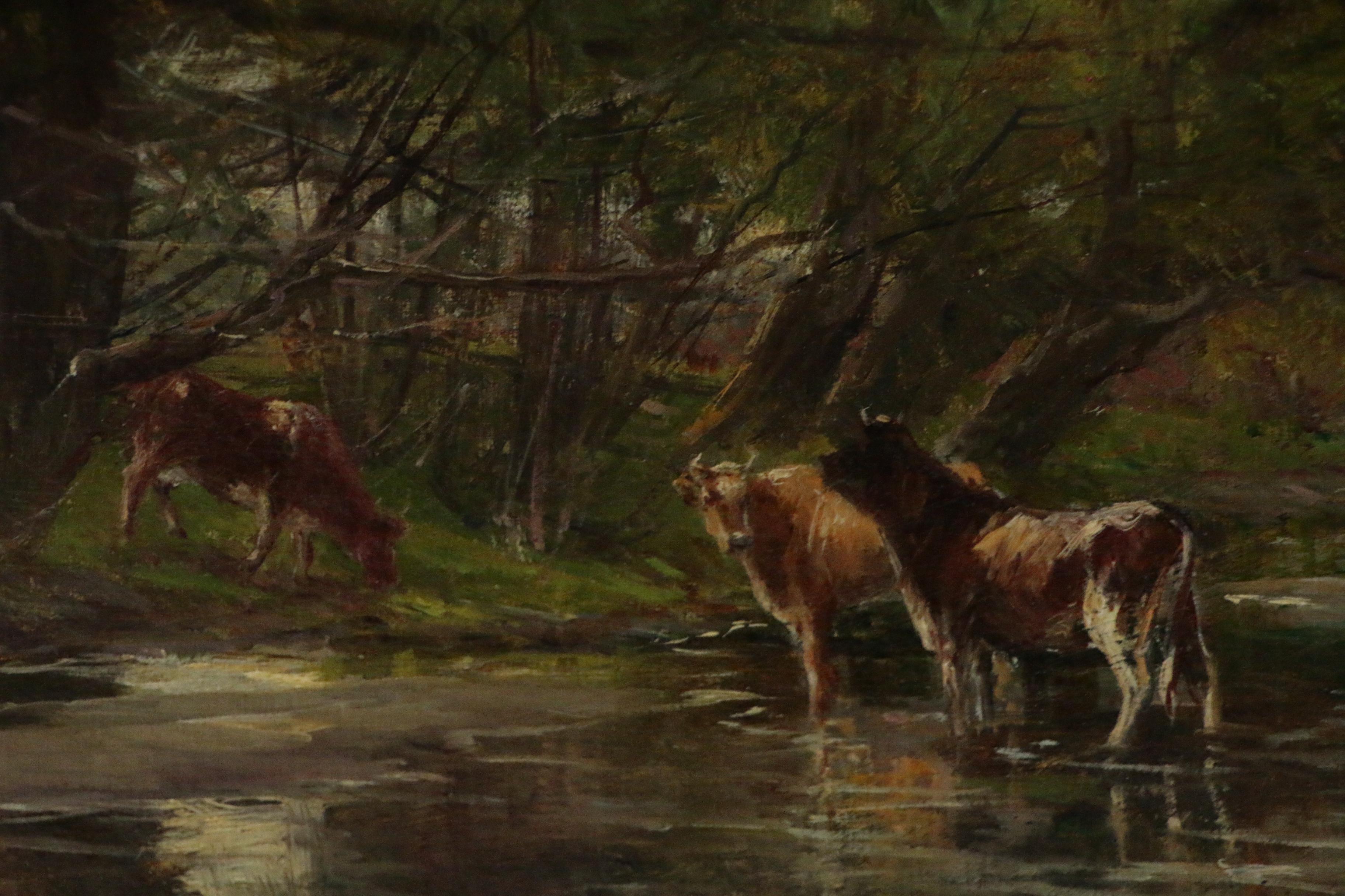 Olive P. Black Oil Painting of Pastoral Landscape with Cows in Stream