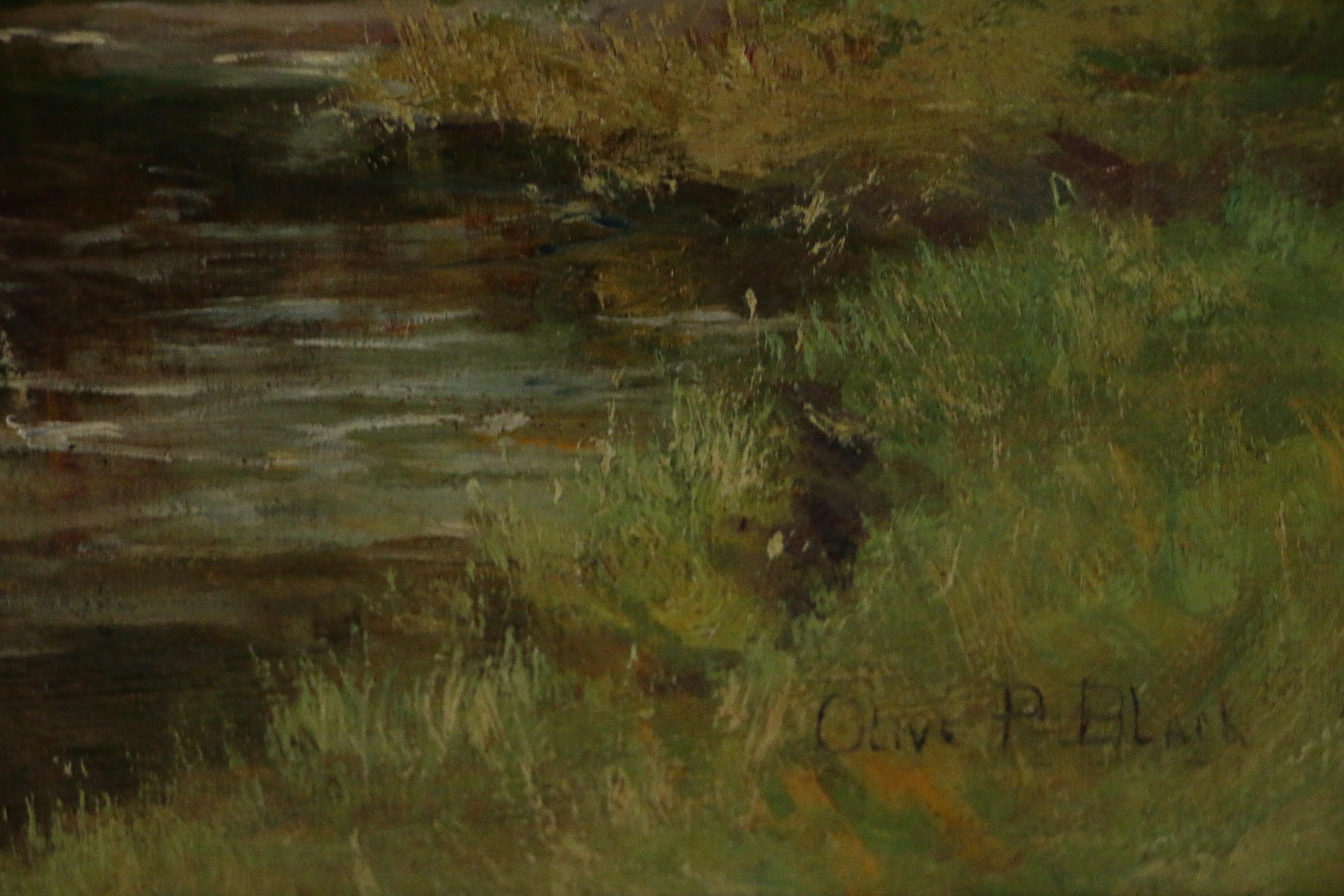 Olive P. Black Oil Painting of Pastoral Landscape with Cows in Stream