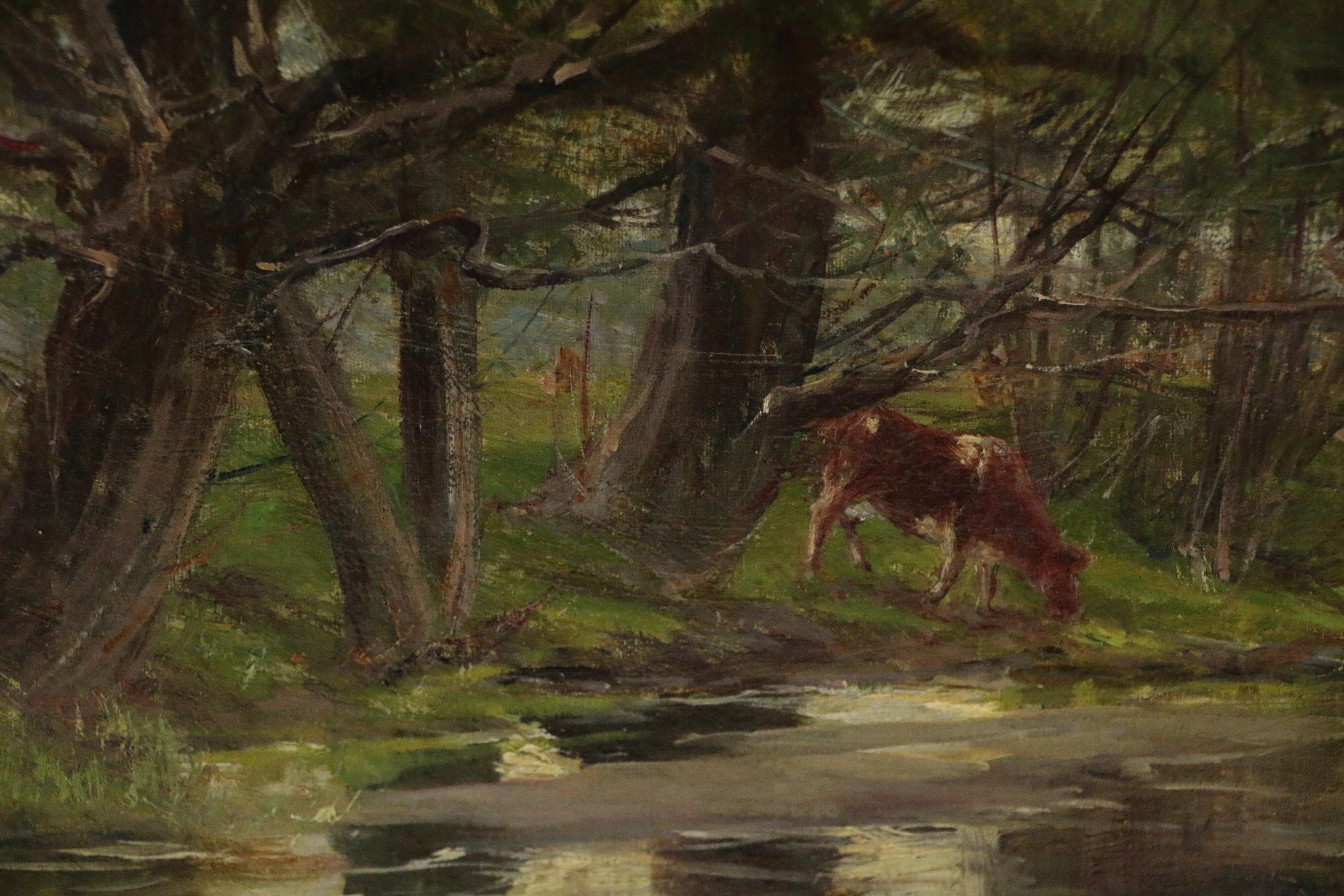 Olive P. Black Oil Painting of Pastoral Landscape with Cows in Stream