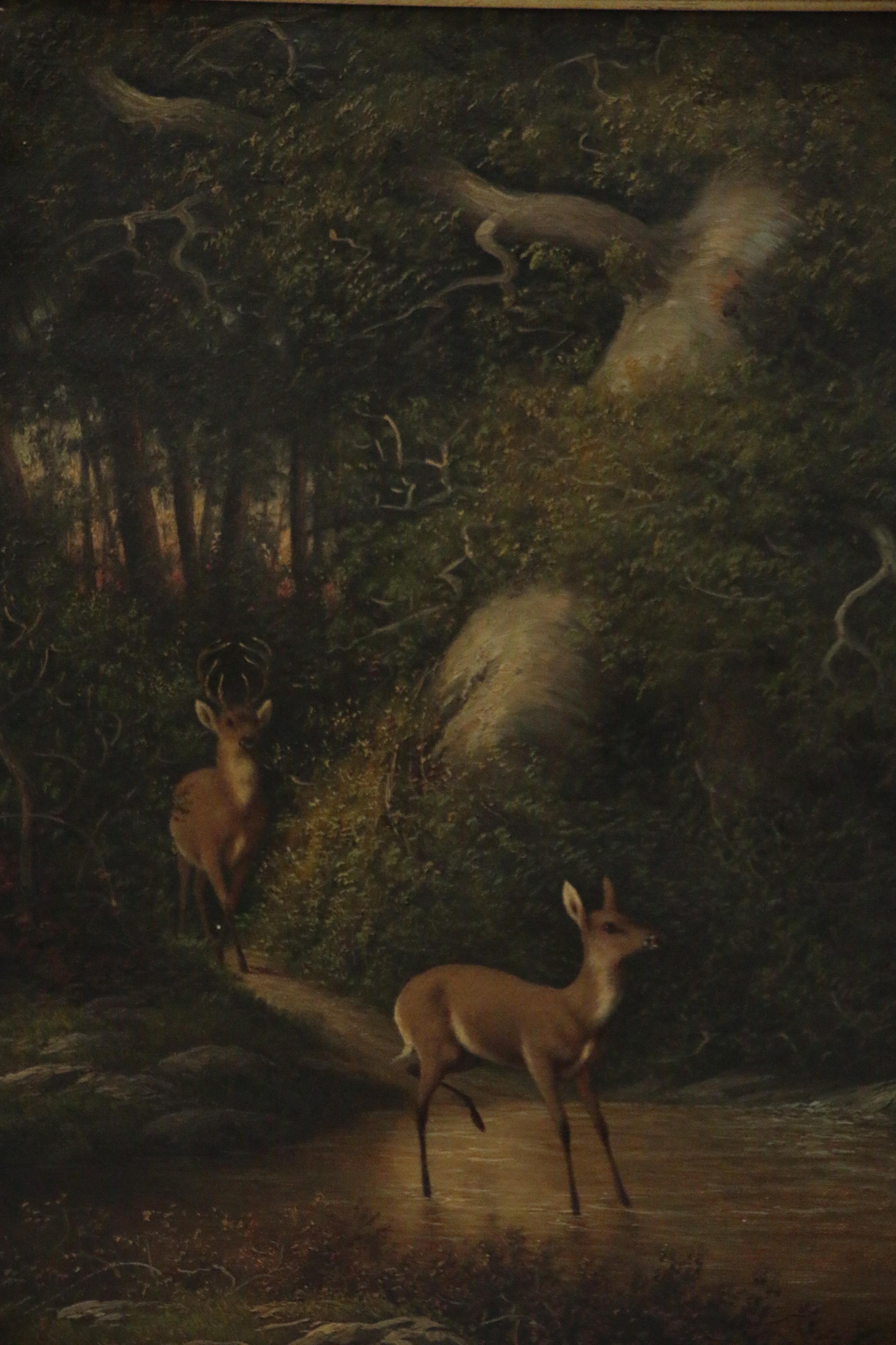 William Walton Oil Painting of Forest Interior with Deer