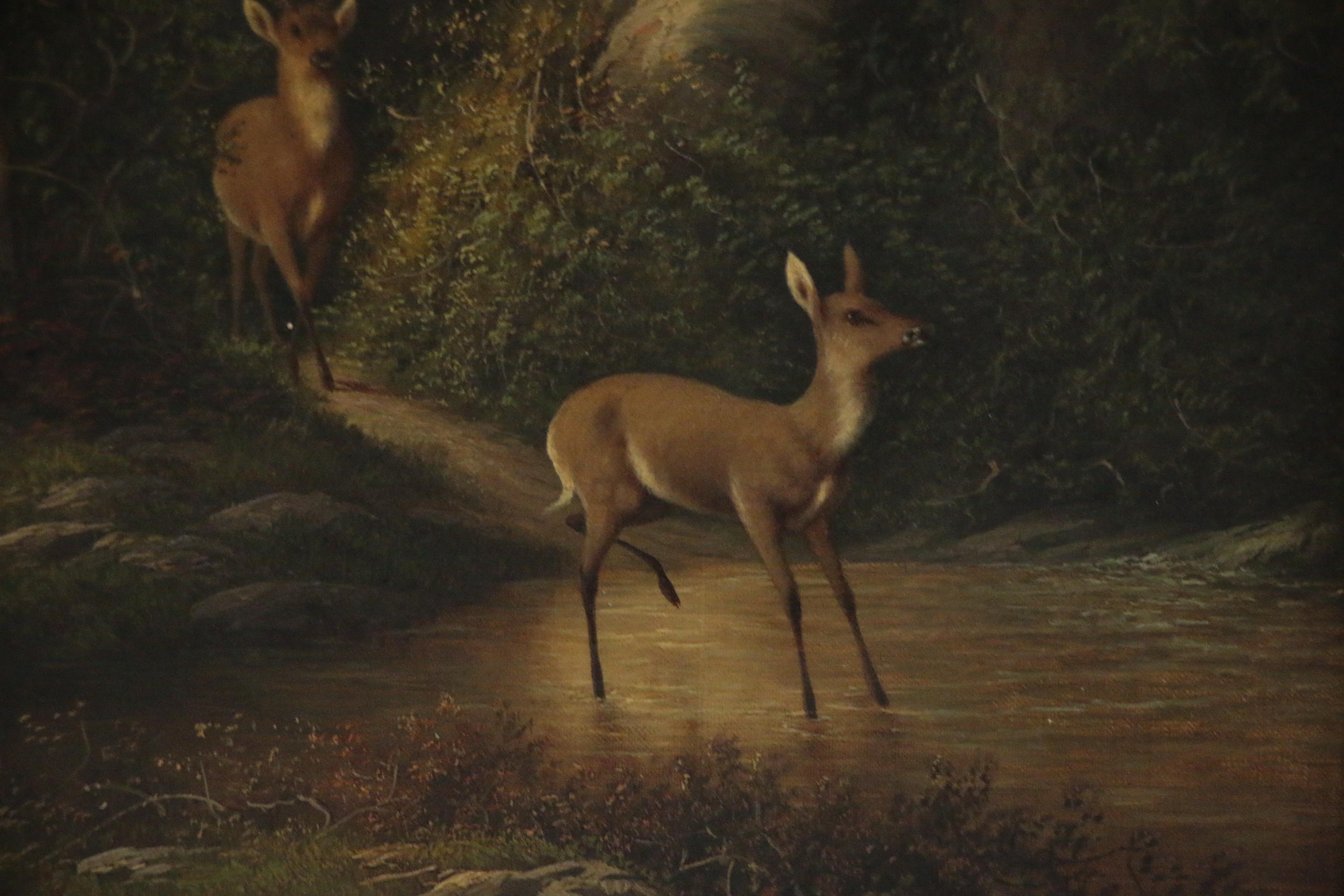 William Walton Oil Painting of Forest Interior with Deer