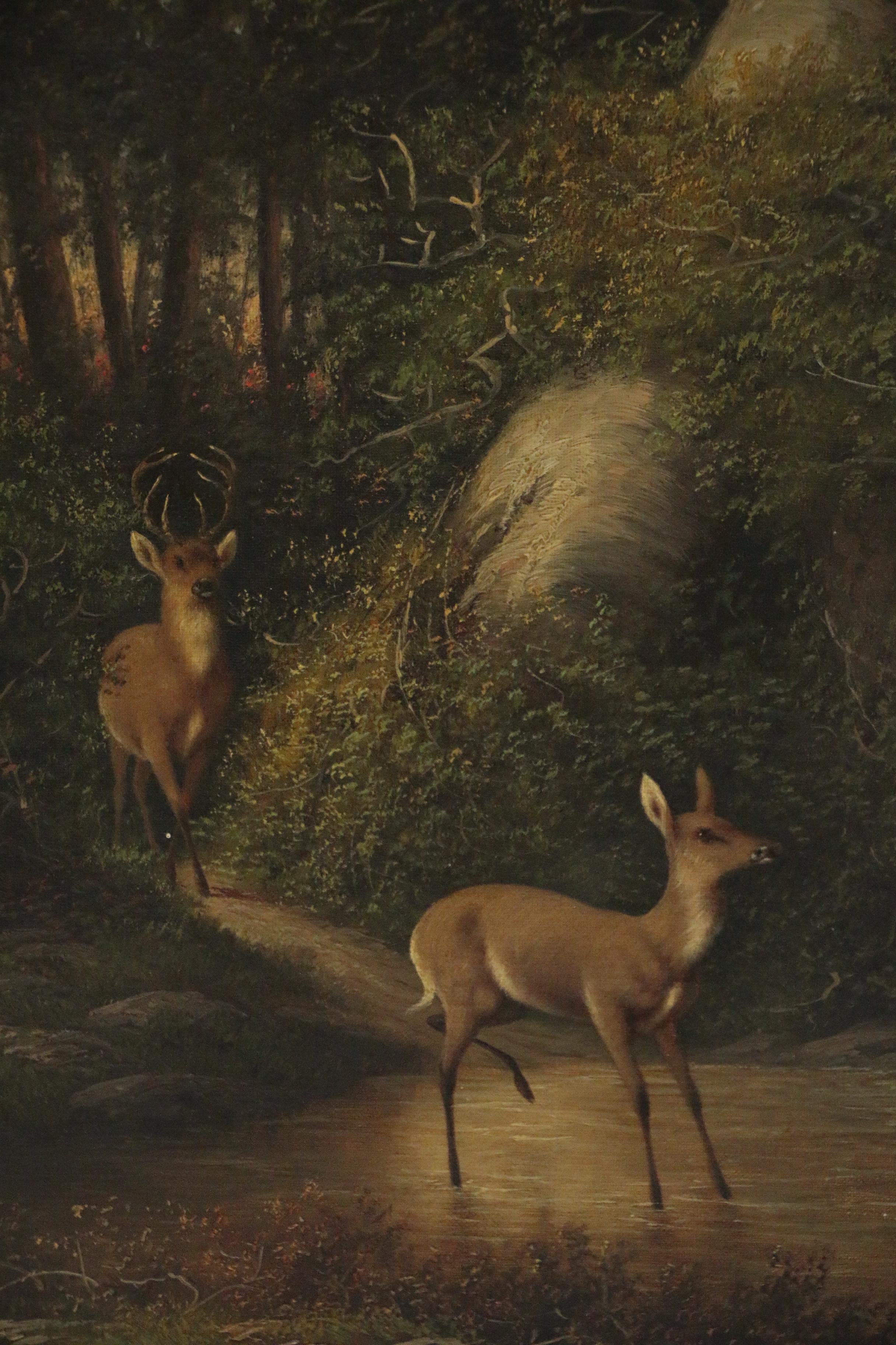 William Walton Oil Painting of Forest Interior with Deer