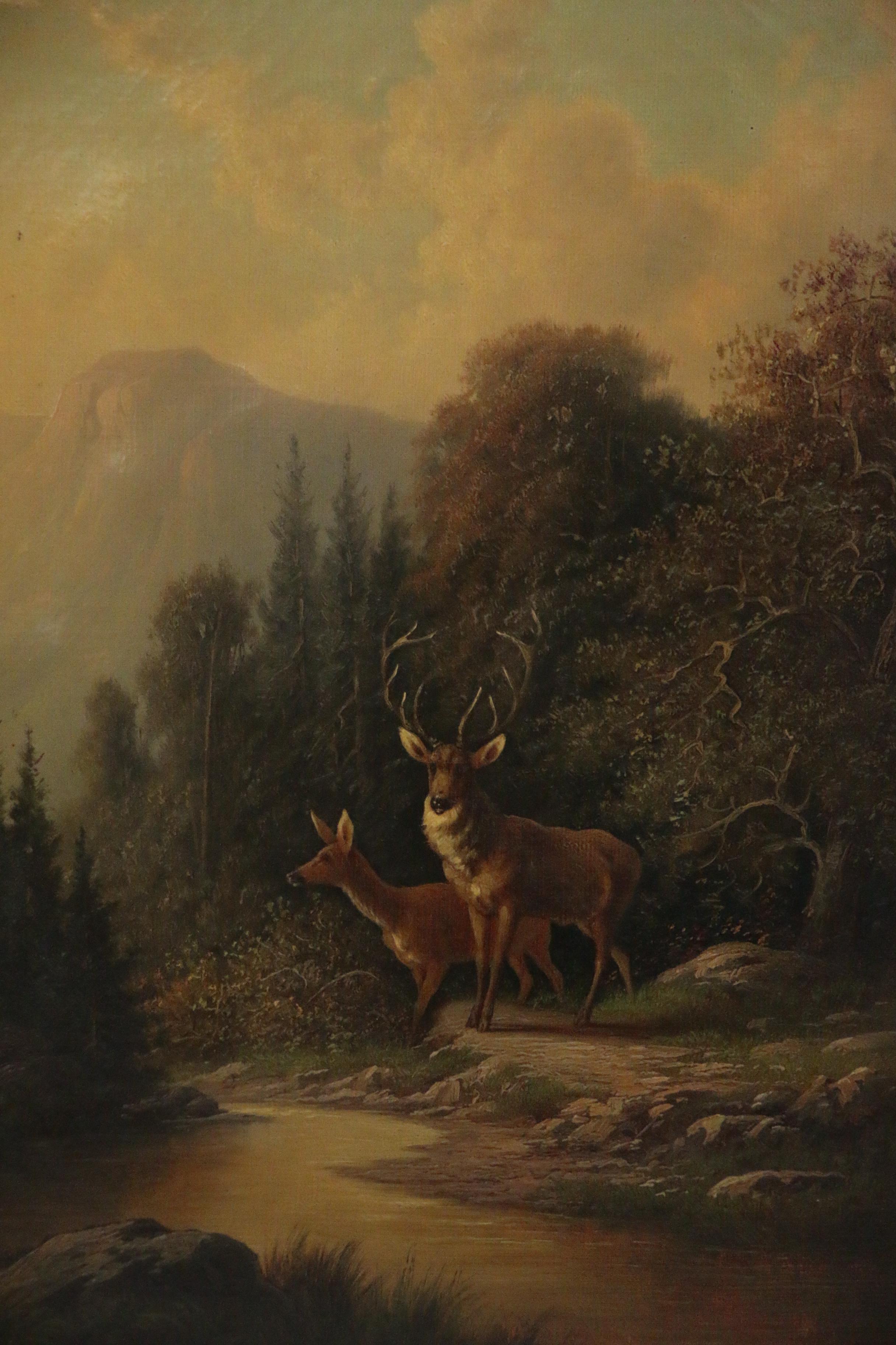 William Walton Oil Painting of Forest Landscape with Deer