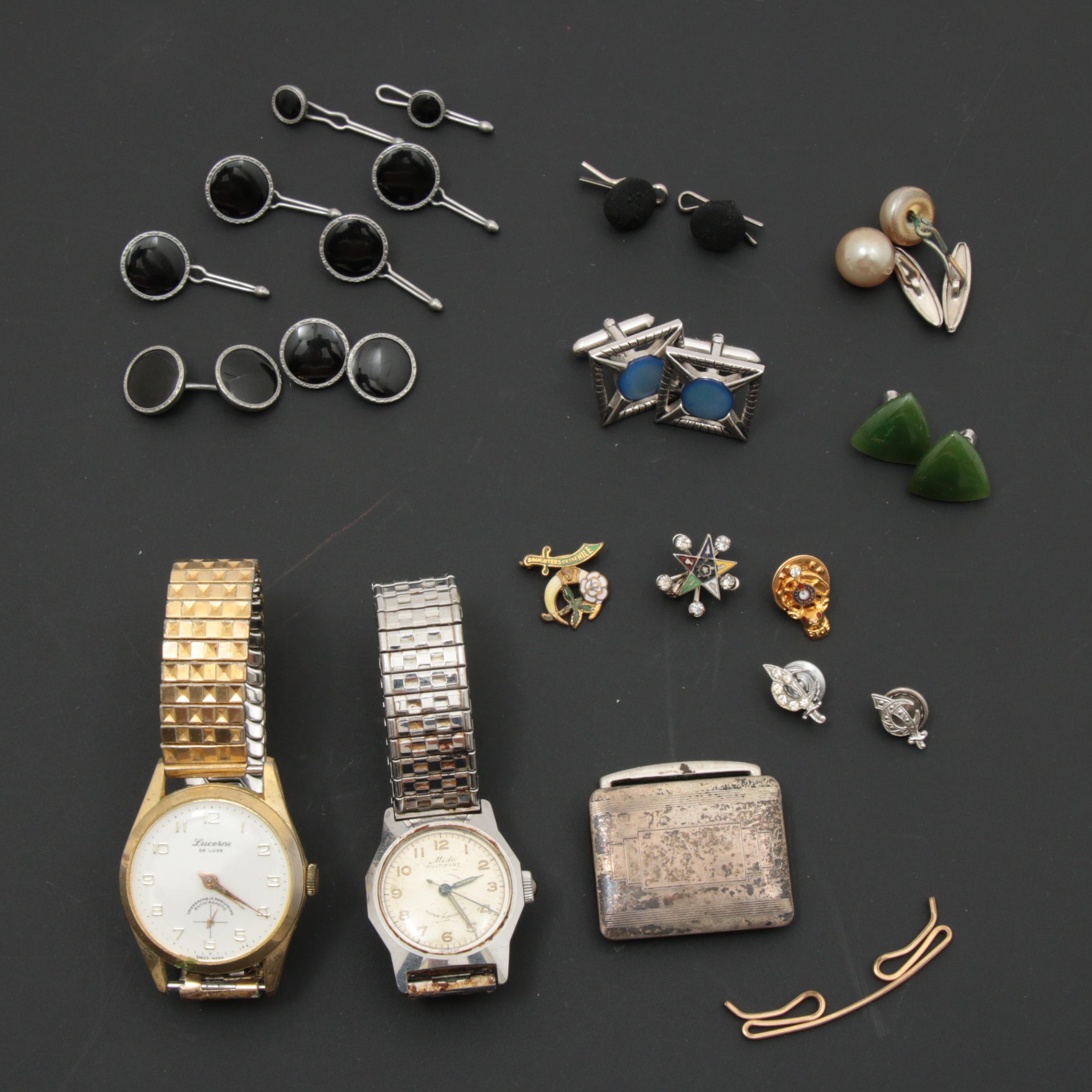 Vintage Mido Multifort and Lucerne Watches with Cufflinks, Pins, and More