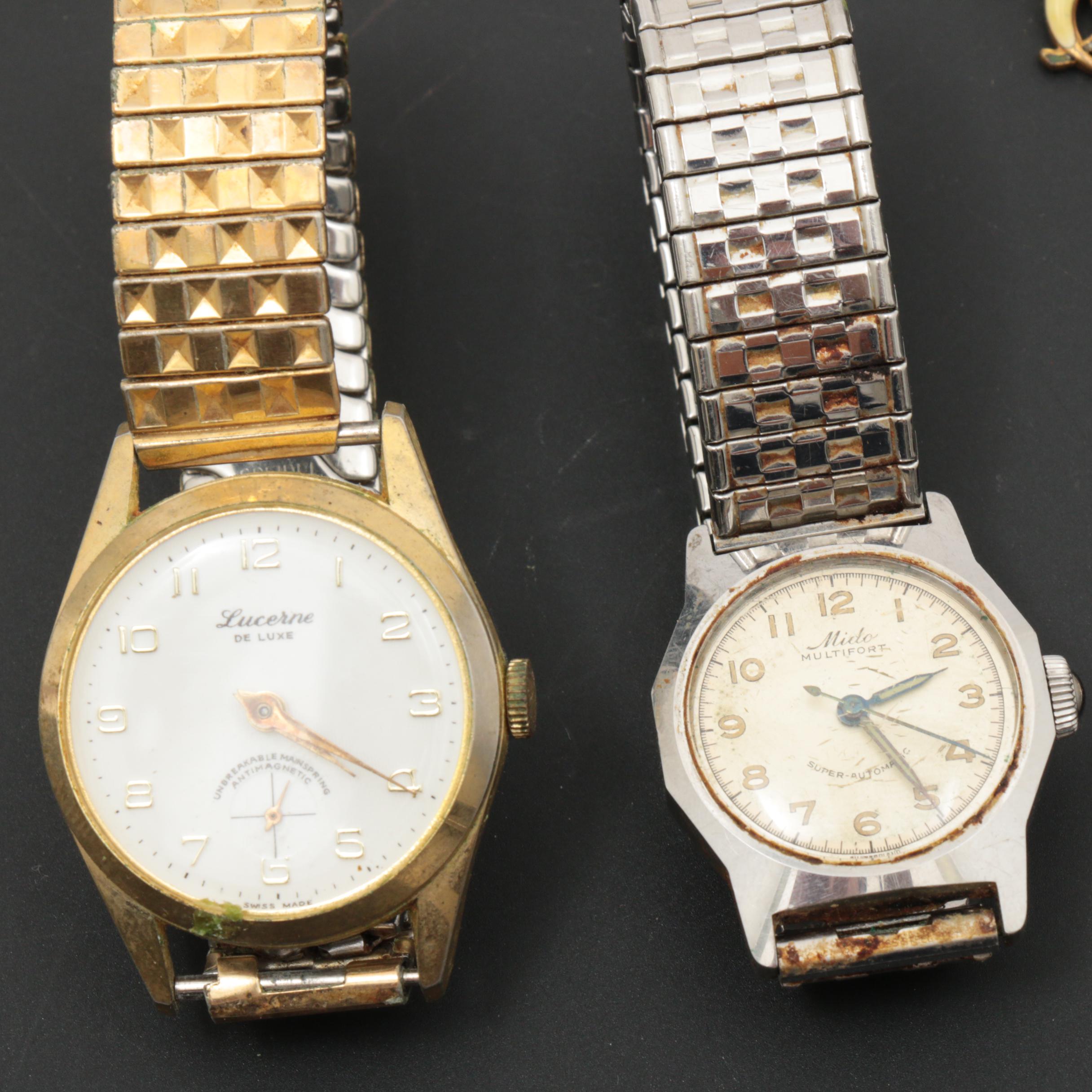 Vintage Mido Multifort and Lucerne Watches with Cufflinks, Pins, and More