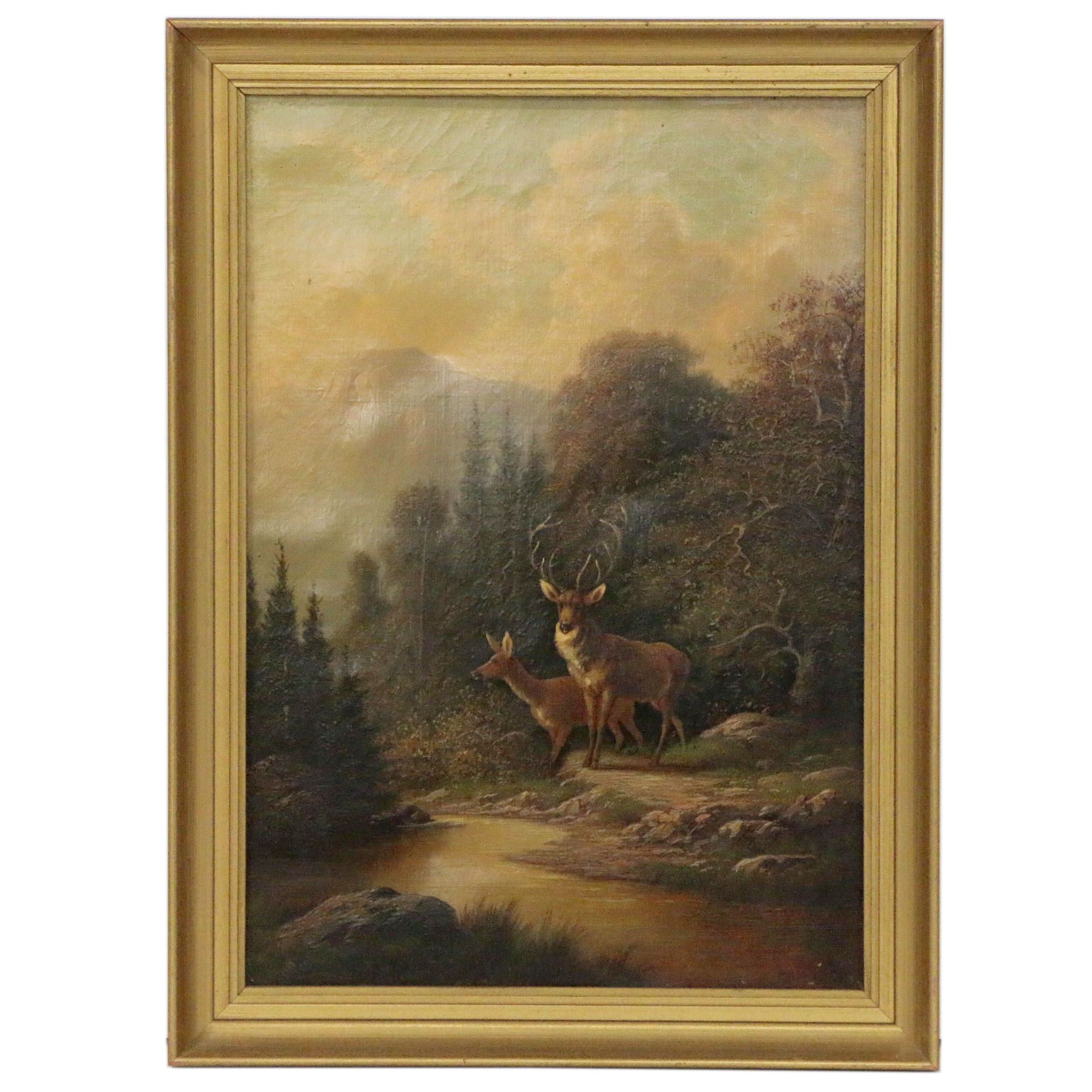 William Walton Oil Painting of Forest Landscape with Deer