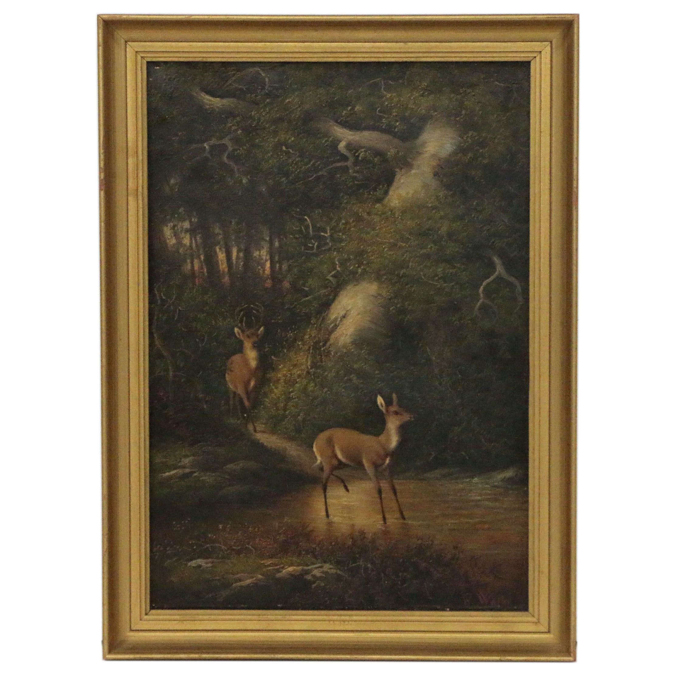 William Walton Oil Painting of Forest Interior with Deer