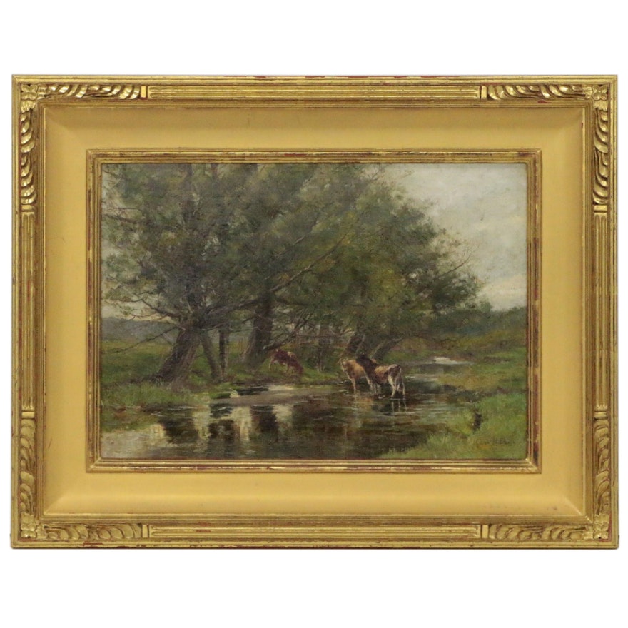 Olive P. Black Oil Painting of Pastoral Landscape with Cows in Stream