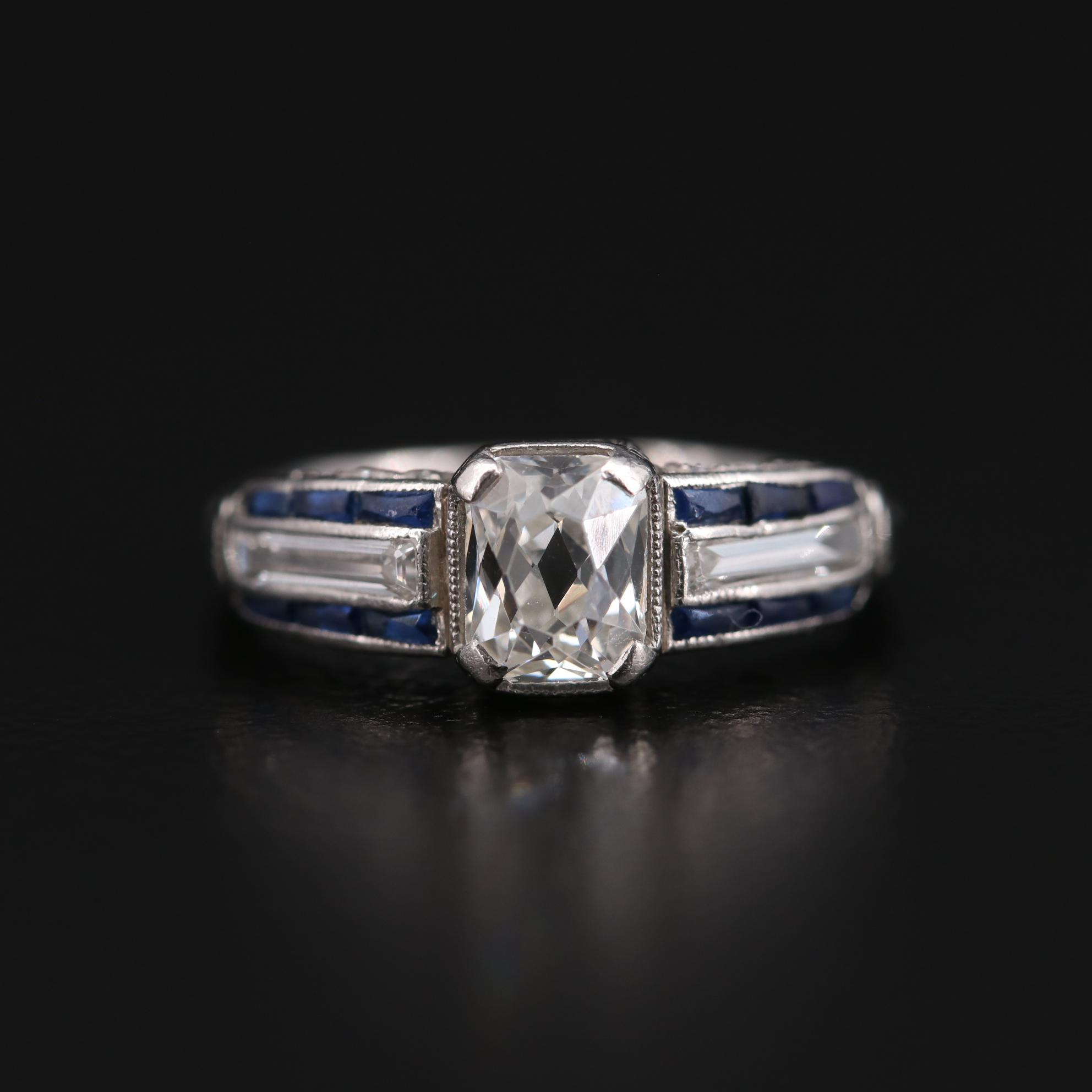 Art Deco Platinum 1.04 CTW Diamond and Sapphire Ring