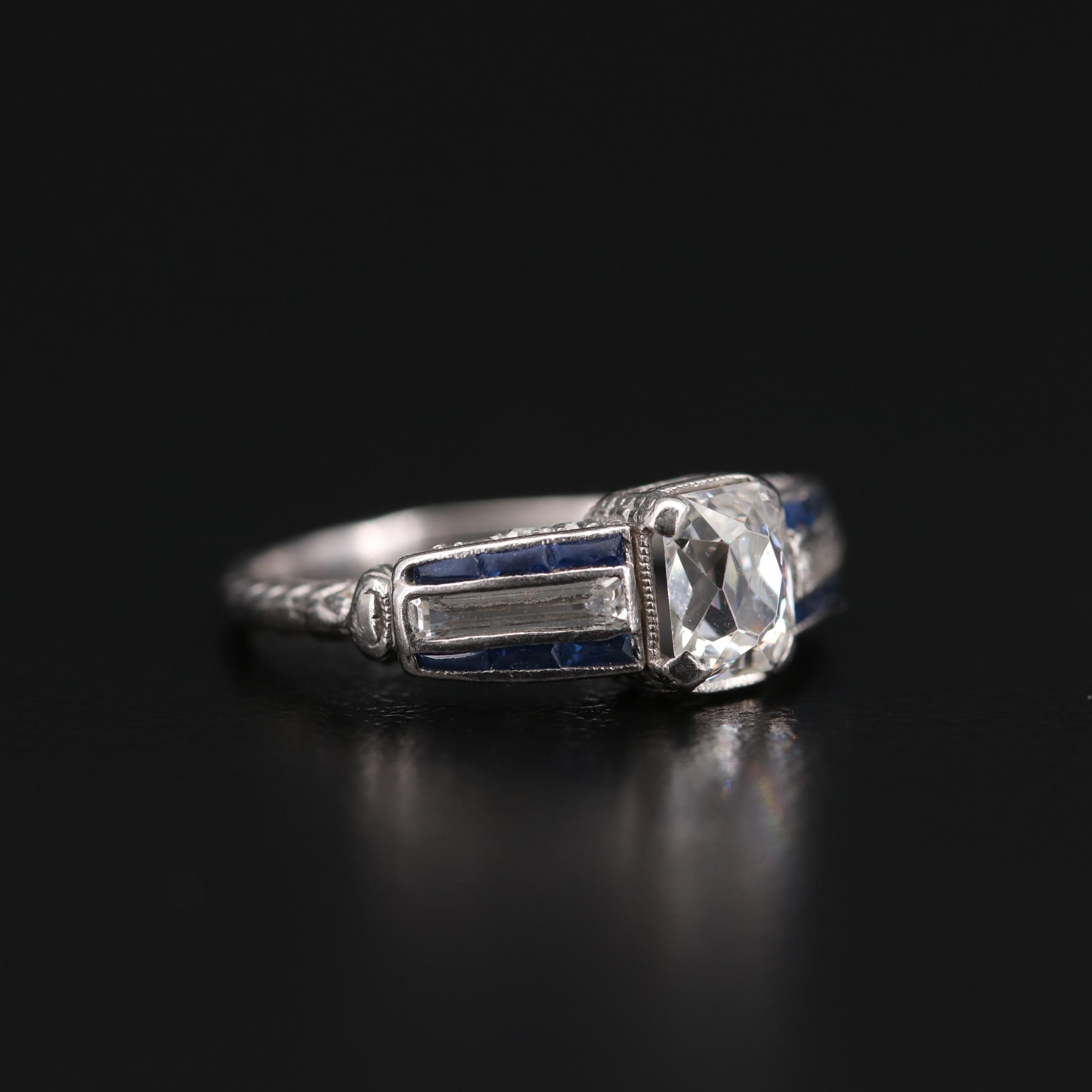 Art Deco Platinum 1.04 CTW Diamond and Sapphire Ring