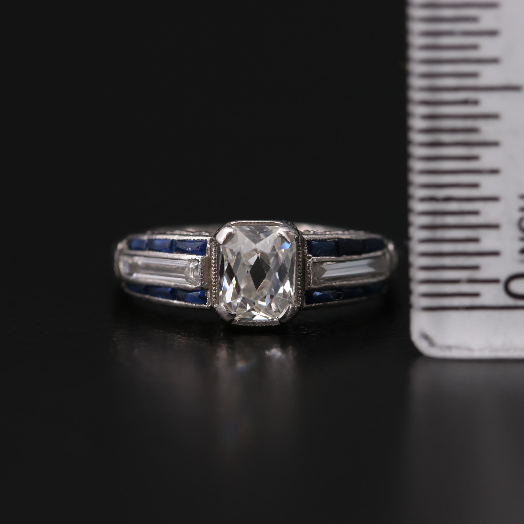 Art Deco Platinum 1.04 CTW Diamond and Sapphire Ring