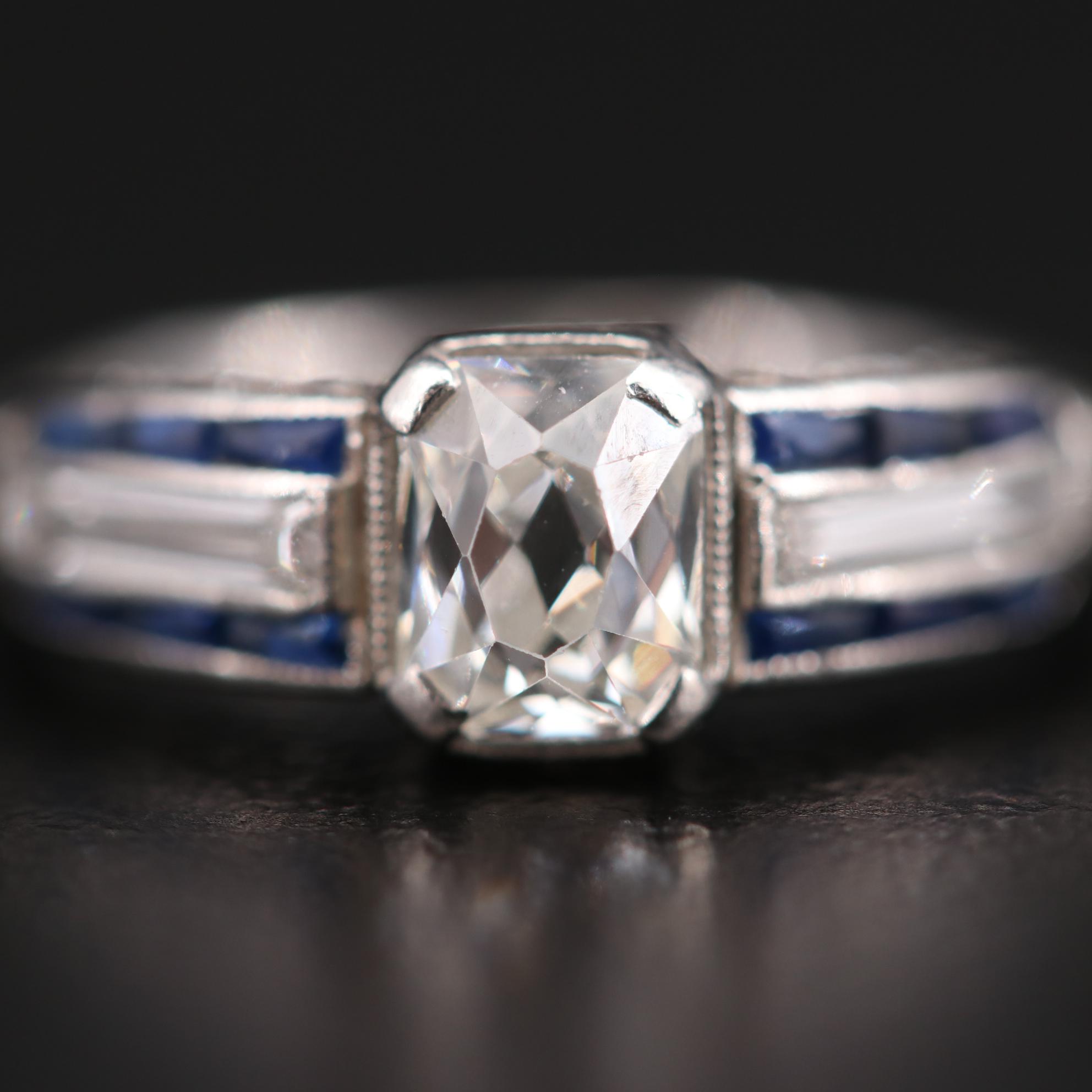 Art Deco Platinum 1.04 CTW Diamond and Sapphire Ring