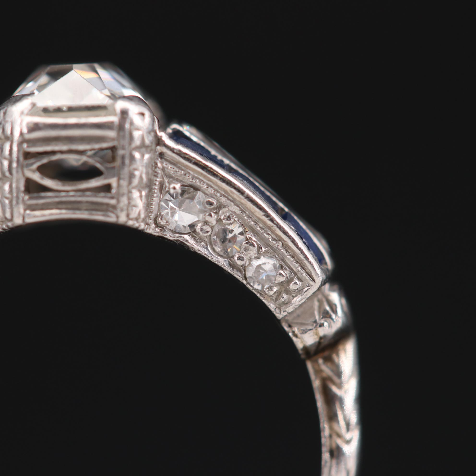 Art Deco Platinum 1.04 CTW Diamond and Sapphire Ring